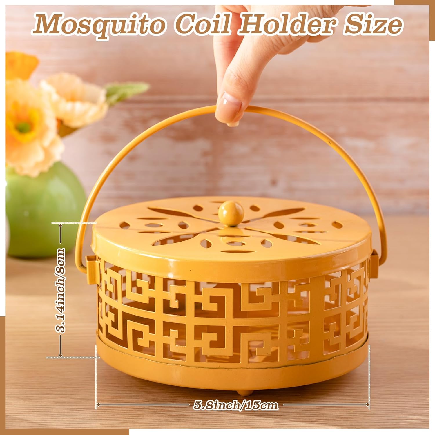 Lallisa 4 Pieces Mosquito Coil Holder Incense Coil Holder Round Retro Portable Metal Hanging Incense Burner with Handle for Home Camping Indoor Outdoor Patio(Yellow)