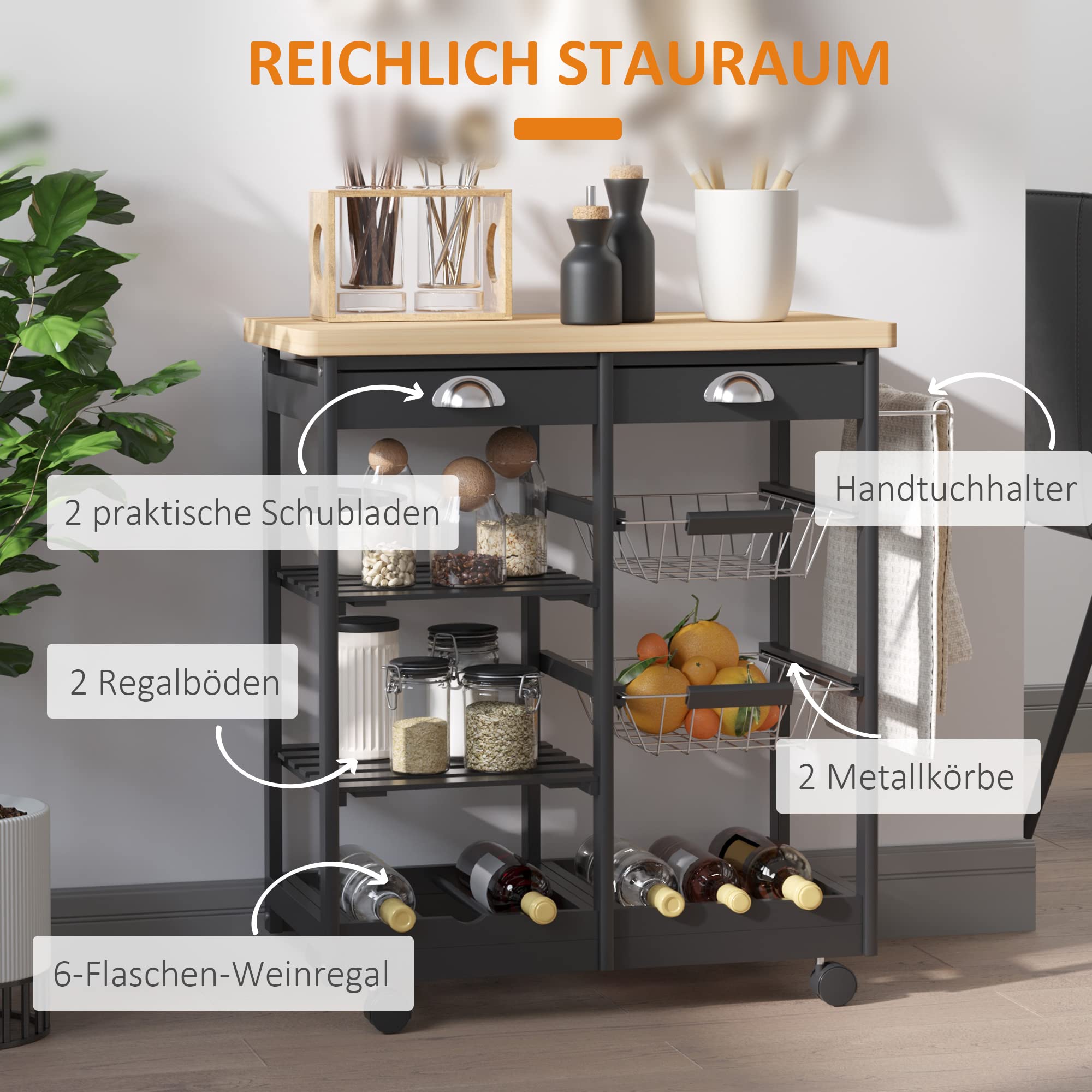 HOMCOM Keukenwagen Met Wieltjes, Keukenwagen, Meerdere Vakken, 1 Lade Kast Handdoekhouders Wit En Houten Dienblad 2888800423