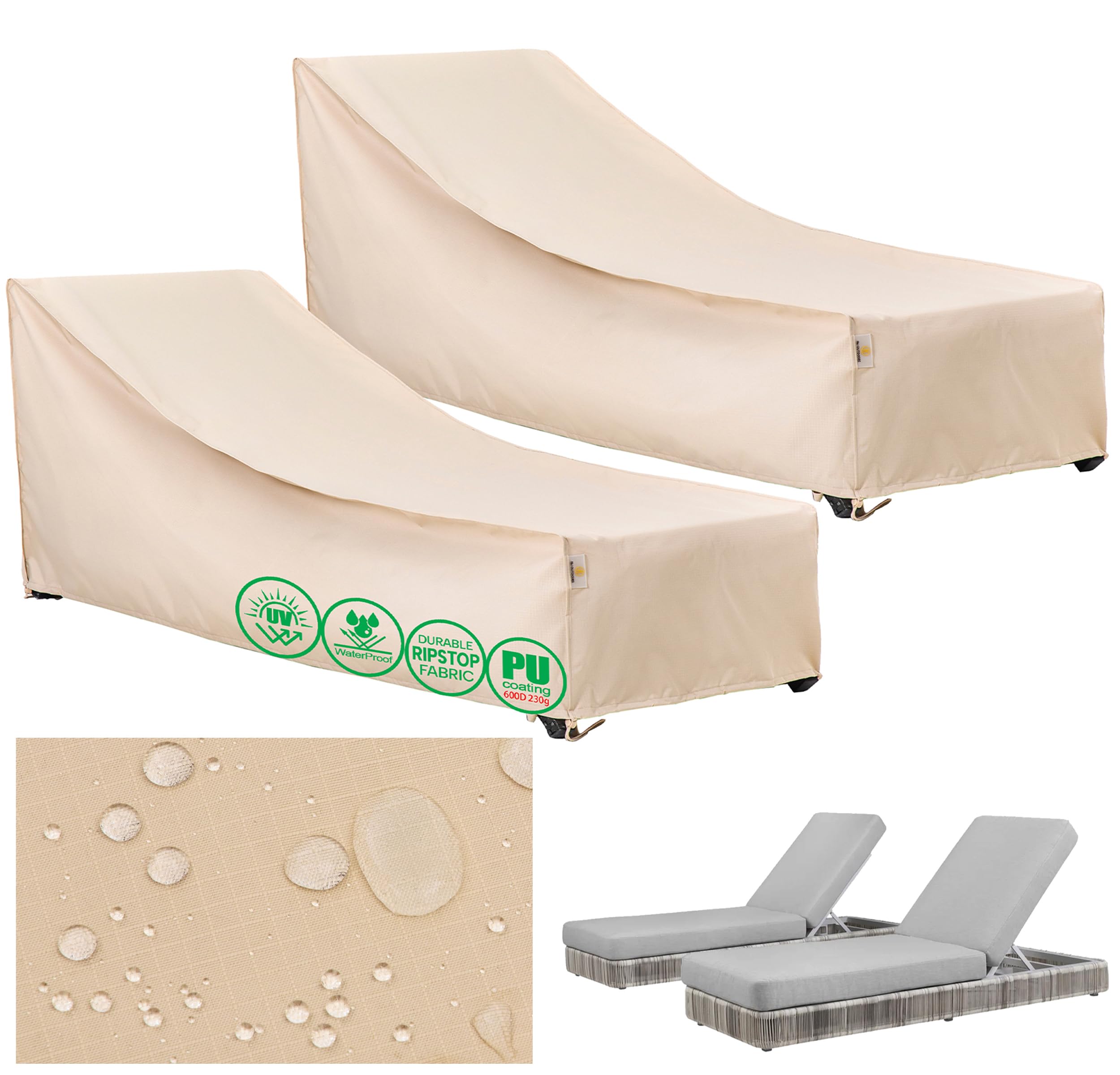 F&J Outdoors Garten Liegestuhl Schutzhülle Wasserdichte Abdeckung für Balkon und Gartenmöbel wetterbeständig robust & langlebig, ideal für Winterlagerung 201 × 76 × 36/76 cm 2 Stück
