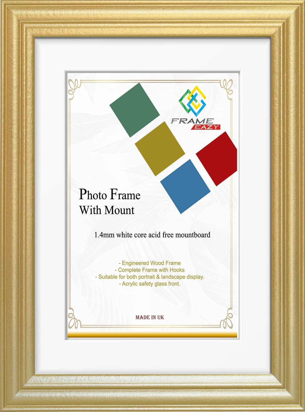 FRAME EAZY Gold 12x10 Photo Frame with 10x7 White Mount - Antique Style Picture Frame With Safe Perspex Front - Frame 12" x 10" For Picture Size 10" x 7"