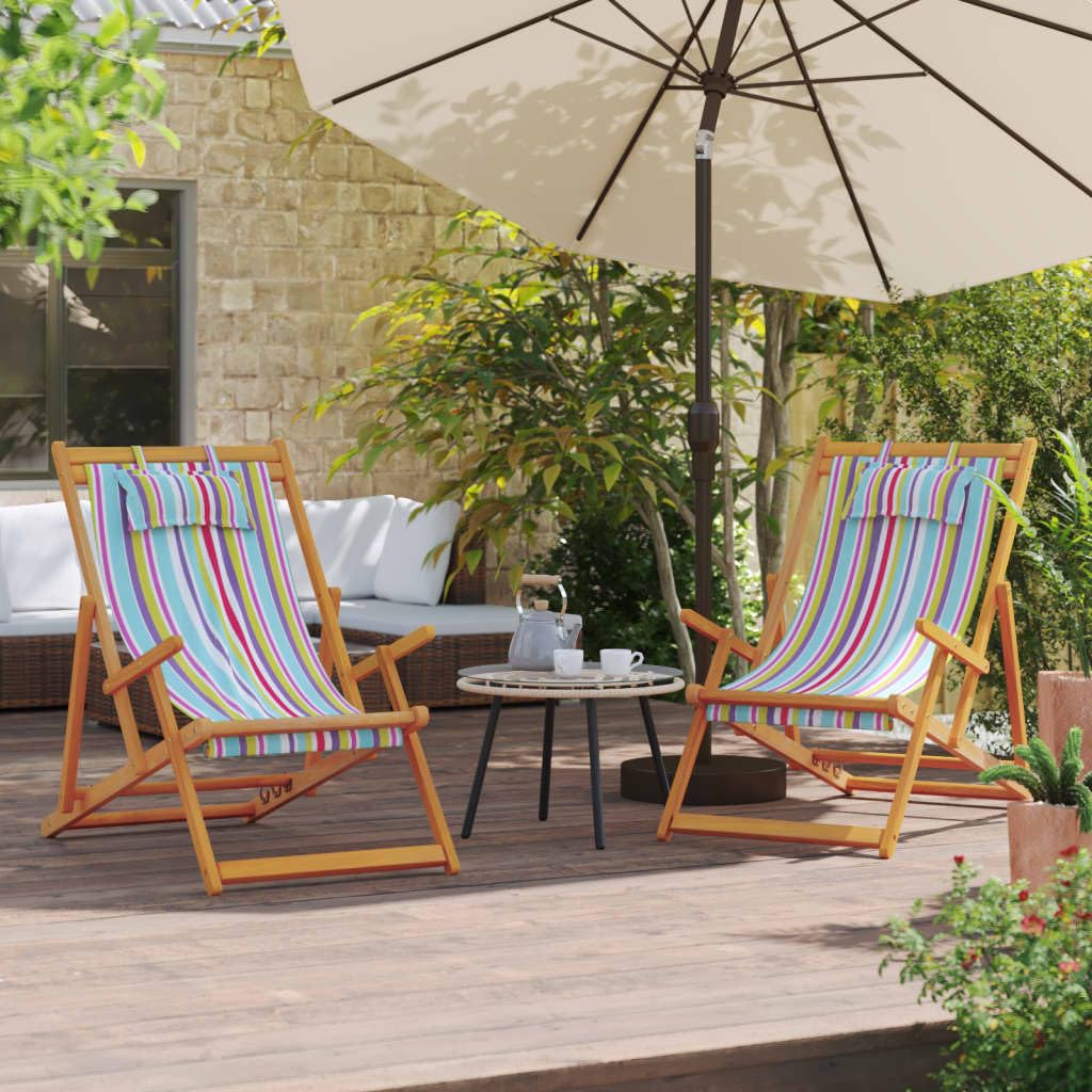 Chaises de plage pliables bois eucalyptus massif transat de jardin multicolore lot de 2