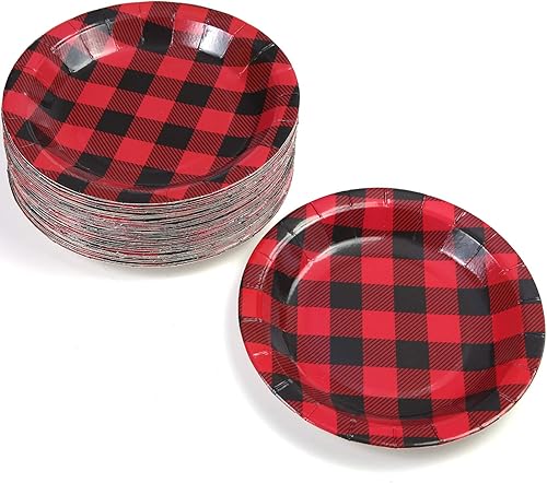 Miniatura 4 de Aneco 60 platos de papel a cuadros rojos y negros, platos redondos, suministros de fiesta para fiestas, 7 pulgadas
