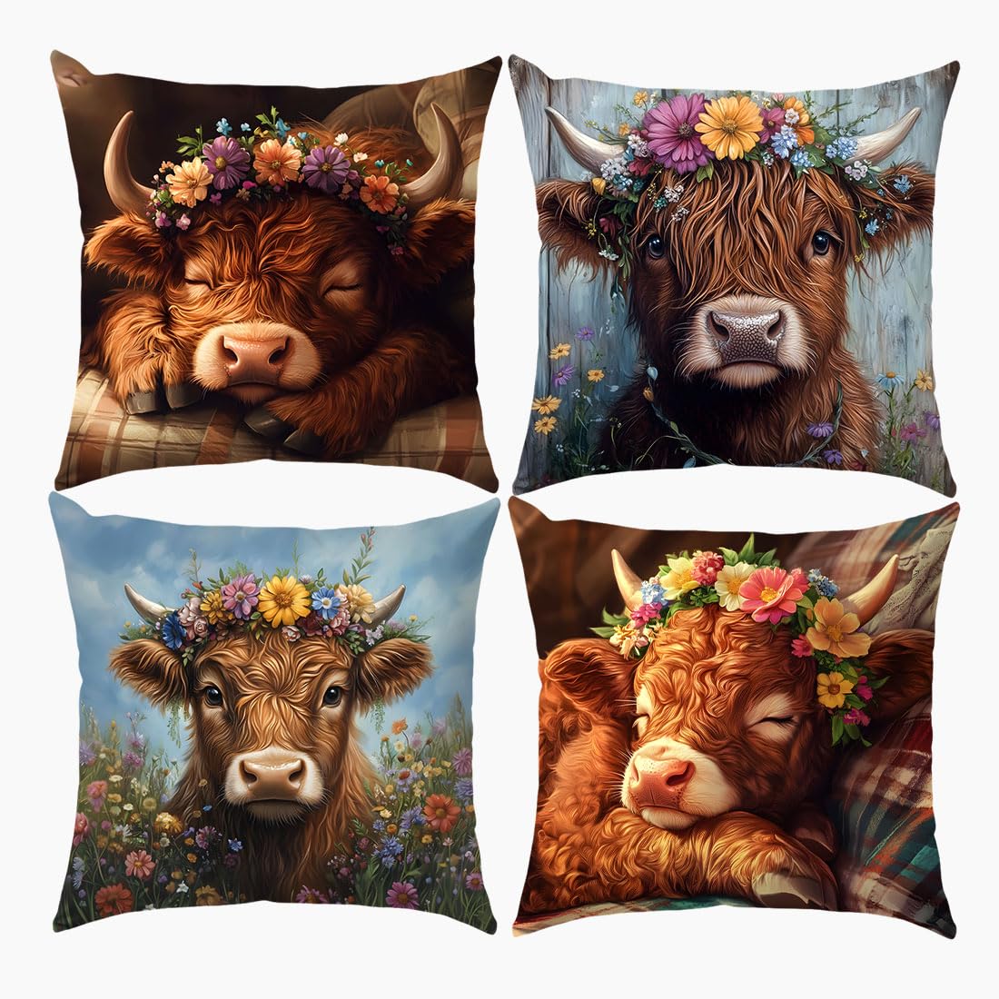 SEVENWELL Highland Cow Cushion Cover 40x40 cm Pack of 4 Scotland Scottish Decorations Throw Pillow Case Decor Home for Livingroom Couch Sofa 16“x16“ — image 1