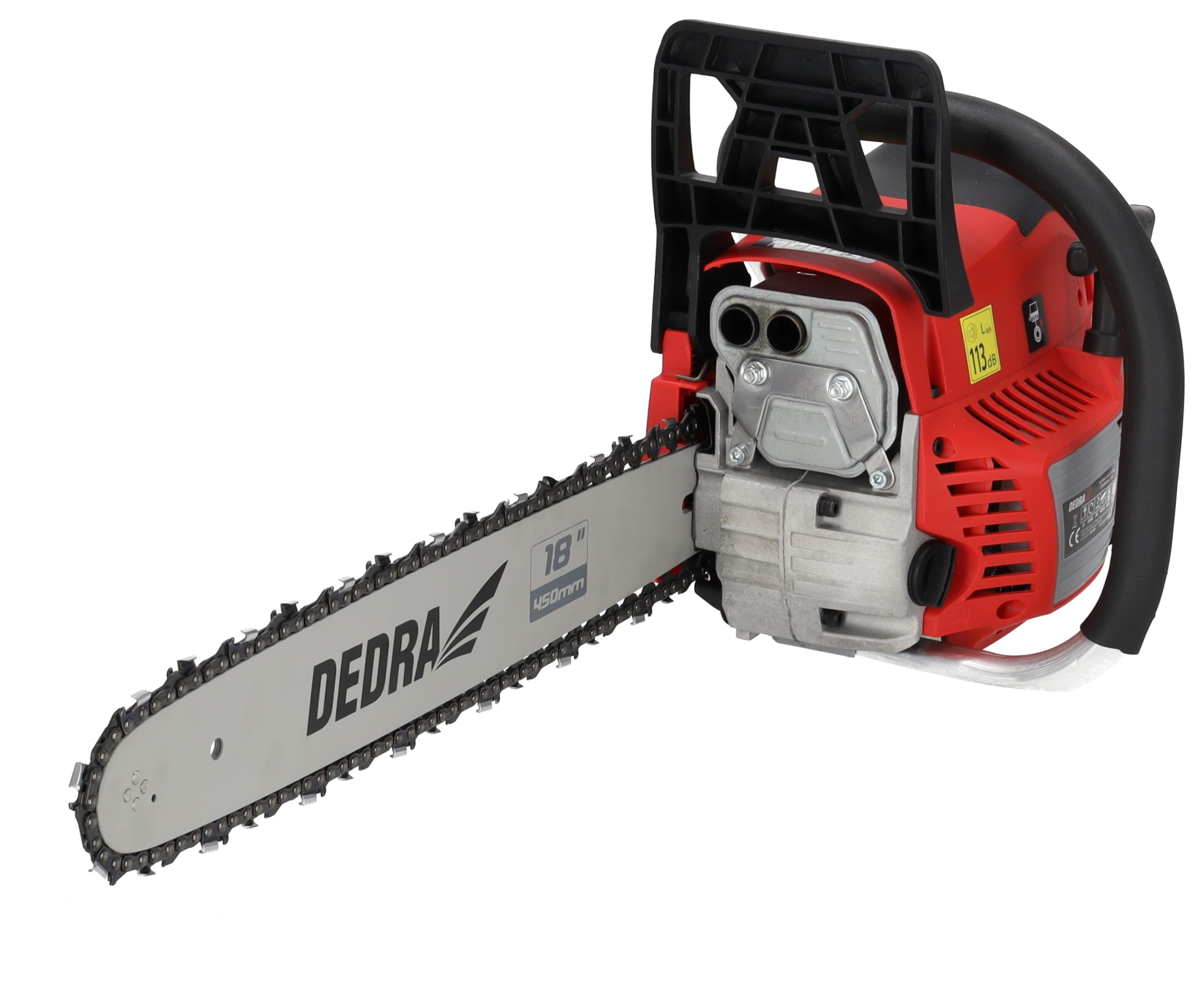 Benzynowa piła łańcuchowa 2,4 kW 58 cm³, DEDRA DED8718P2, dwie prowadnice: 18" (45 cm) i 16" (40 cm), dwusuwowy cylinder, chłodzony powietrzem, prędkość łańcucha 25 m/s