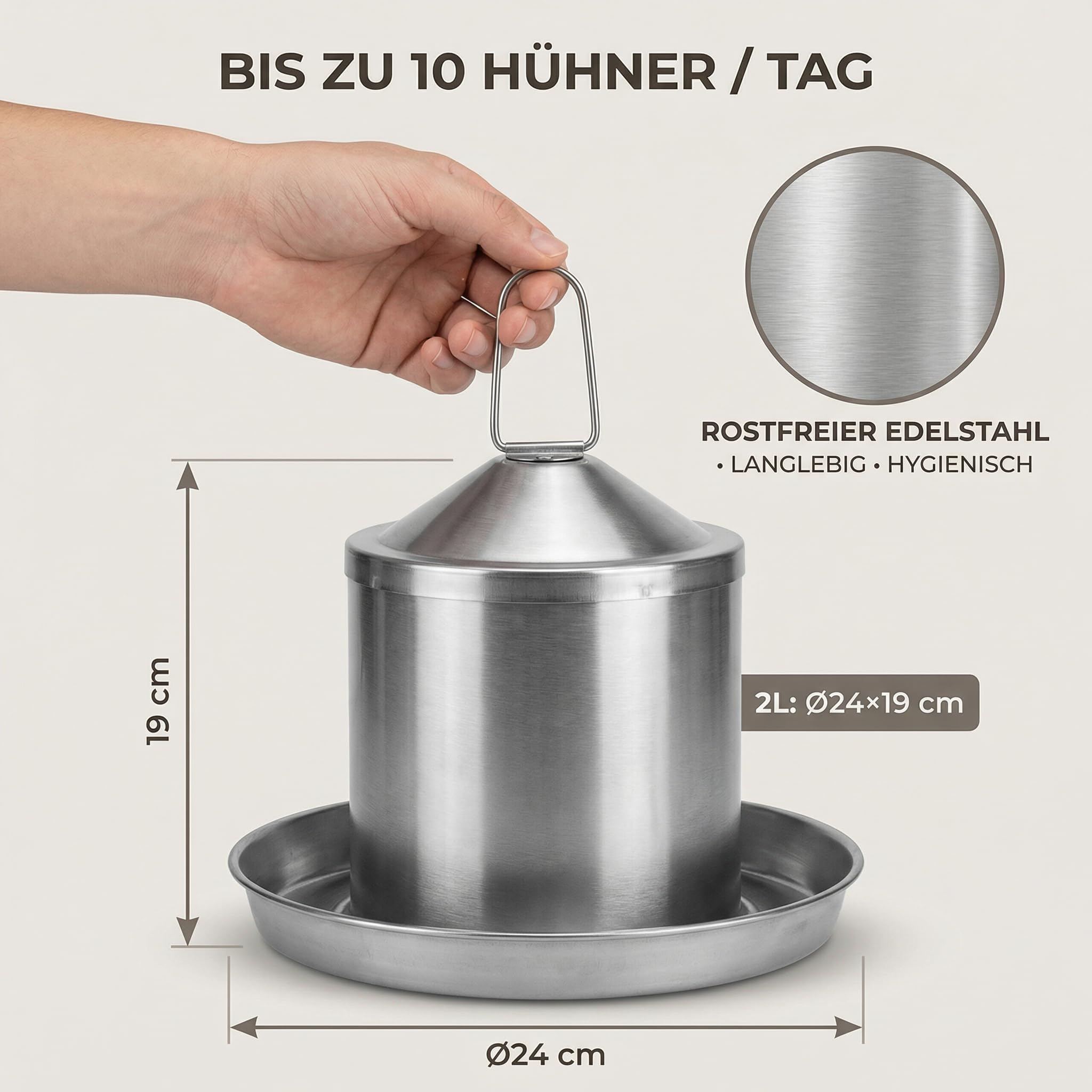 Bebedero para pollos de acero inoxidable, 2 l, bebedero para aves de corral para gallinas | Para codornices y patos, colgantes o de pie, resistente a los rayos UV, a las heladas, fácil de limpiar, fabricado en la UE