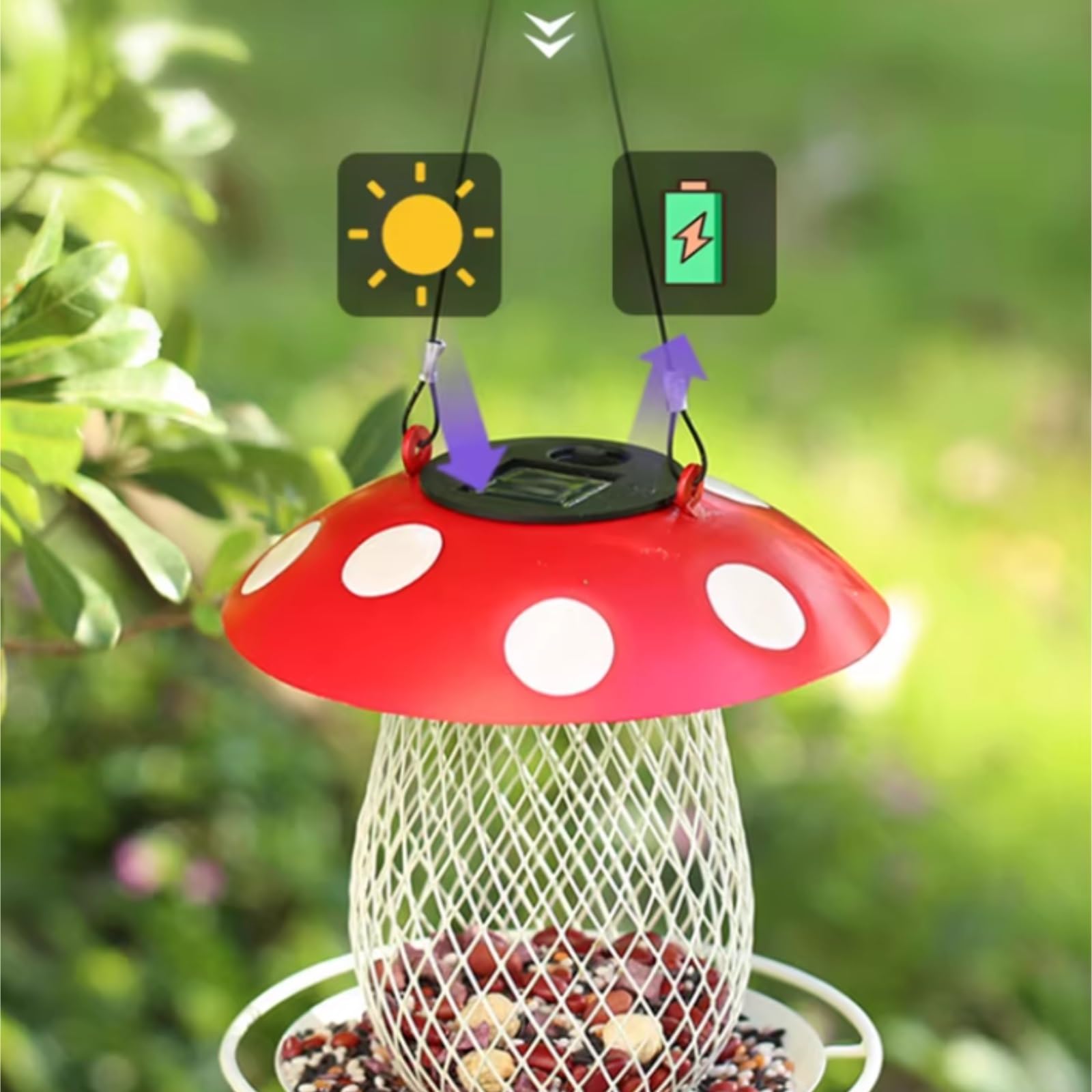 Karmnik dla Dzikich Ptaków Bird Feeder Zasilany Energią Słoneczną Karmnik Dla Ptaków W Kształcie Grzyba Wiszący Dekoracyjny Na Patio Ogrodzie Wróbli