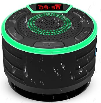IPX7 Waterproof Shower Speaker, Portable Bluetooth Speaker with LED Display, Suction Cup, Lanyard, Lights Show, Party Speakers for Home Travel Outdoors