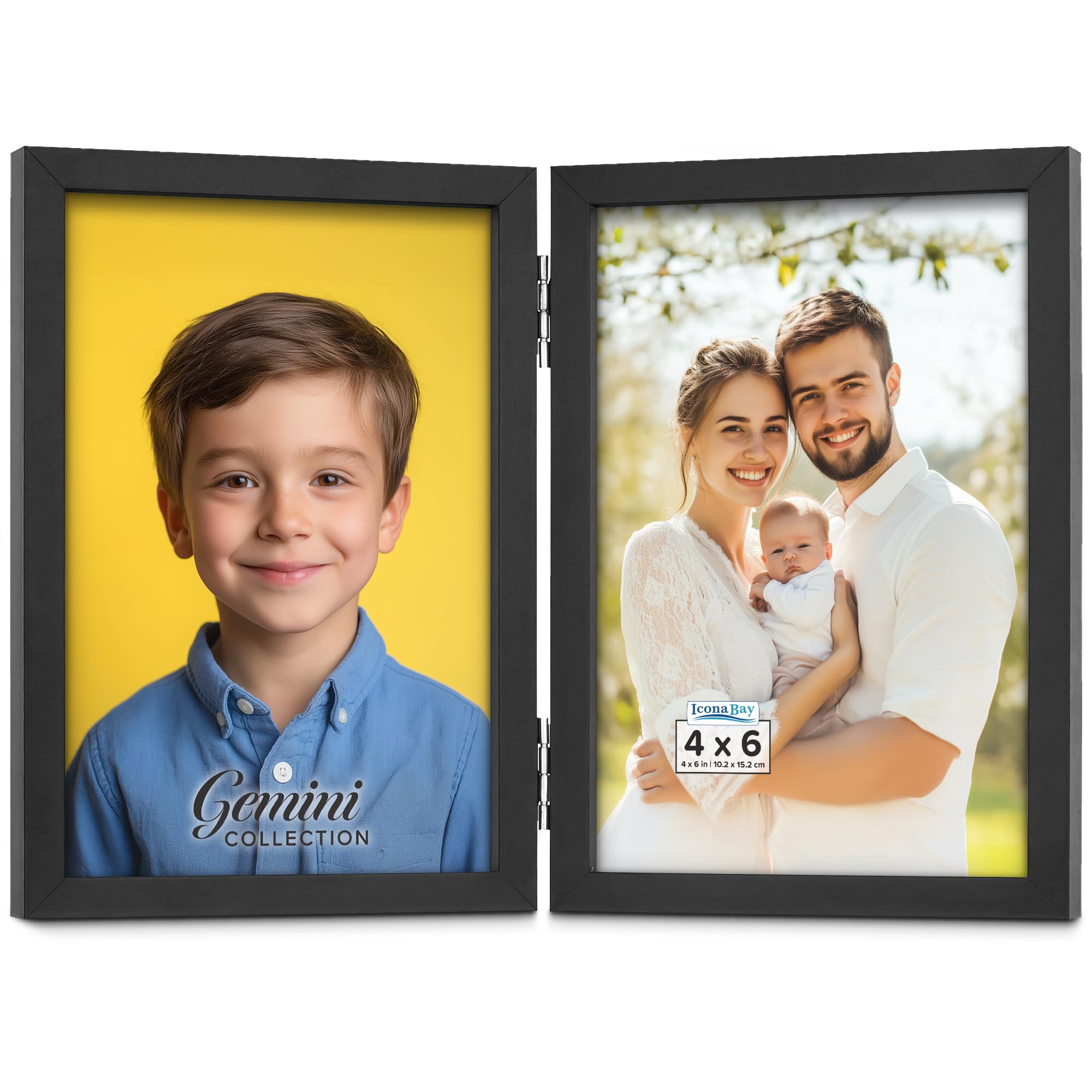 Icona Bay - 4x6 Double Picture Frame - Black - Sturdy Hinged Folding Dual Sided Frames - Vertical Photo Display for Desktop or Table Top - Durable