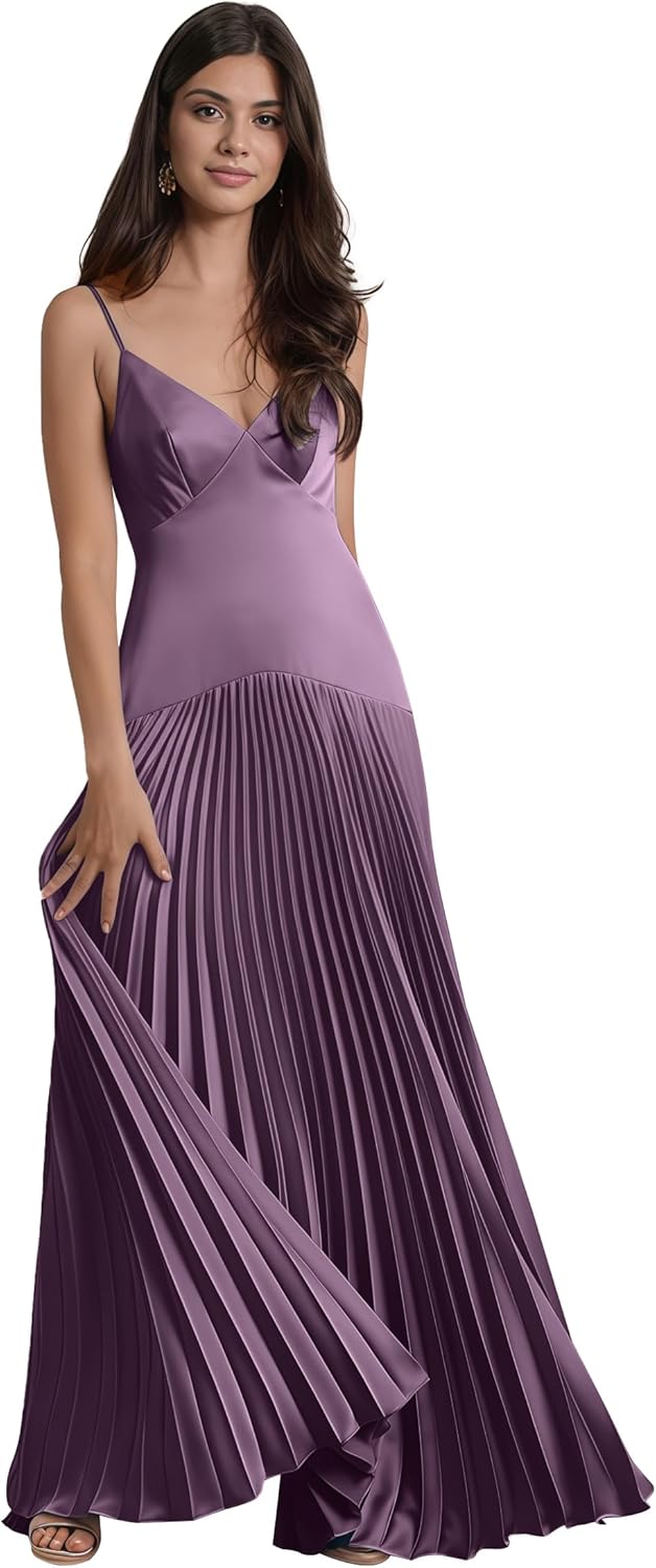 Satin Spaghetti Straps Bridesmaid Dresses for Women A-line Ruched Long Formal Evening Gown