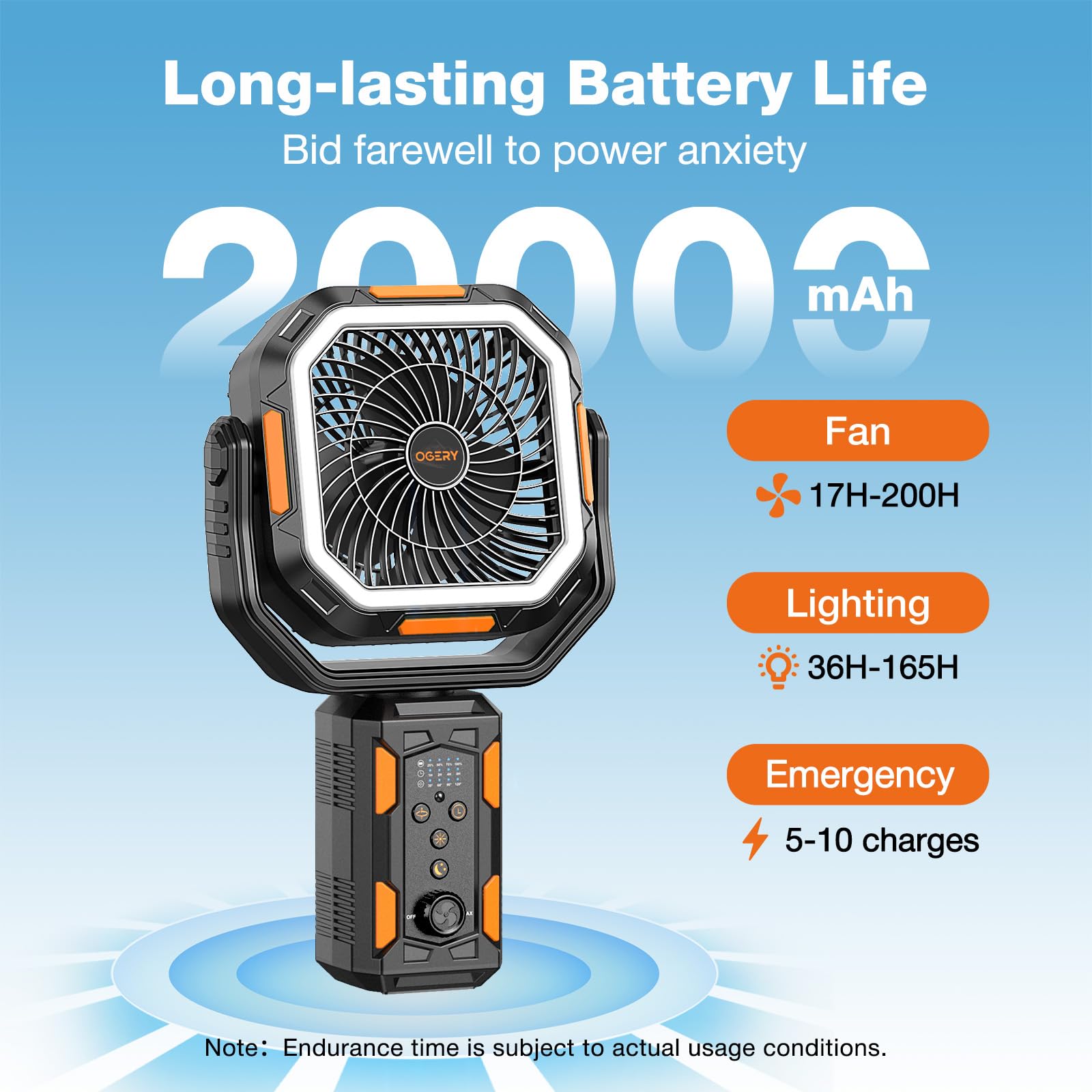 OGERY F21 Ventilatore da campeggio con supporto, ventilatore da terra alimentato a batteria ricaricabile da 20000 mAh, lanterna a LED per interruzioni di corrente, vento forte, ricarica rapida per