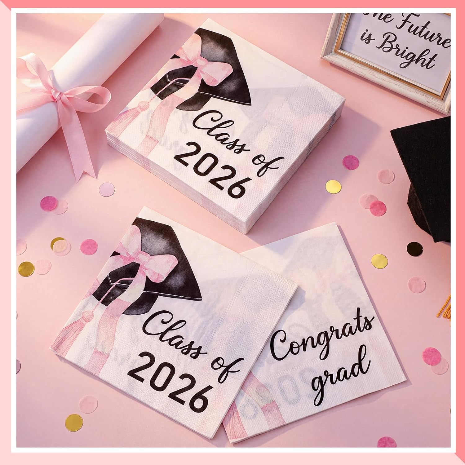 Resurhang 50 Pcs Pink Bow Graduation Party Napkins Supplies, 6.5 x 6.5 Inch Folded 3 Ply Disposable Coquette 2026 Congrats Grad Napkins for Class of 2026 Grad Congrats Party Supplies