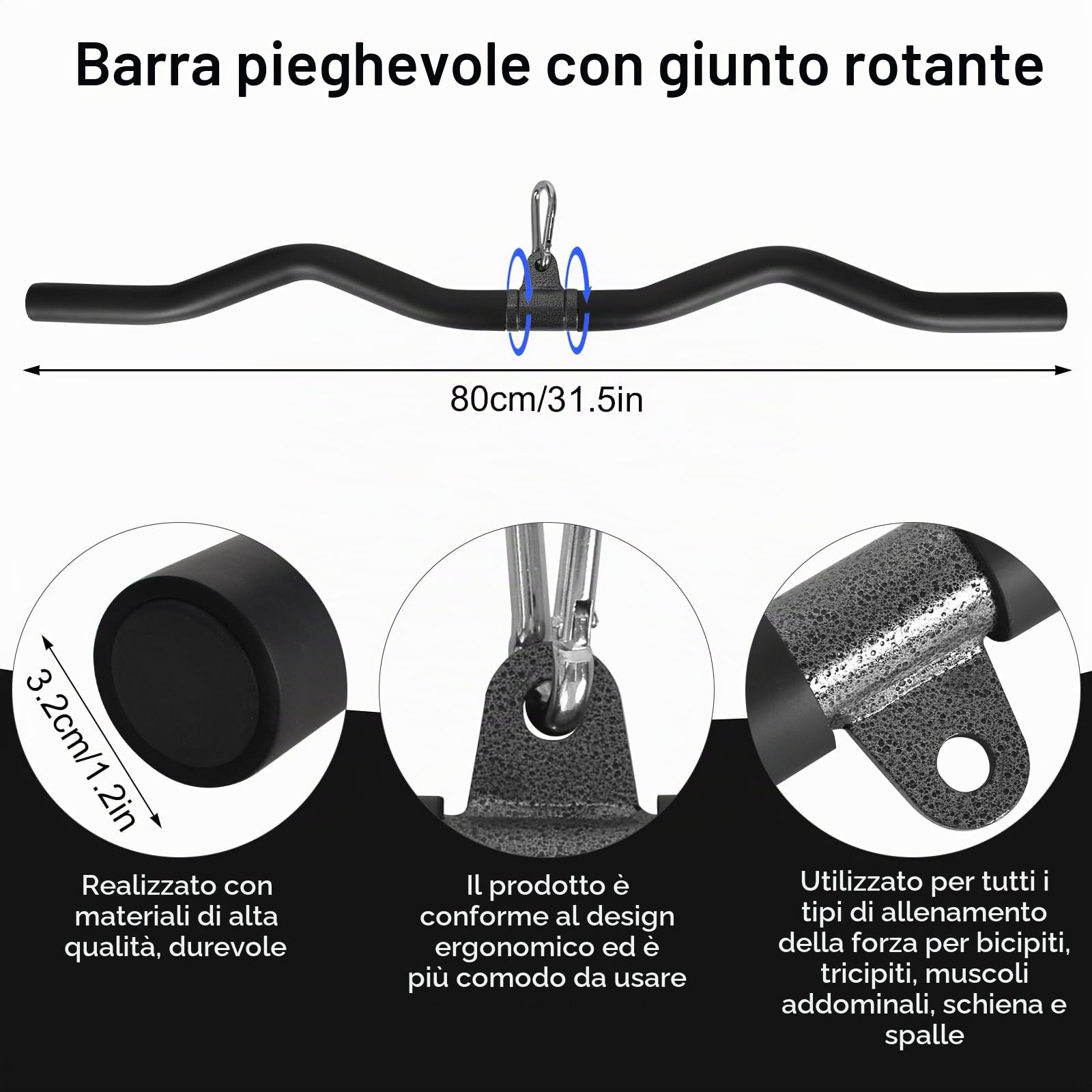 Barra per Bicipiti, Barra per Tricipiti, Barra Lat Machine Ergonomica 80 cm Nera, Barra per Trazioni Tricipiti per Casa, Palestra, Crossfit, Bodybuilding, Allenamento della Forza, Sport