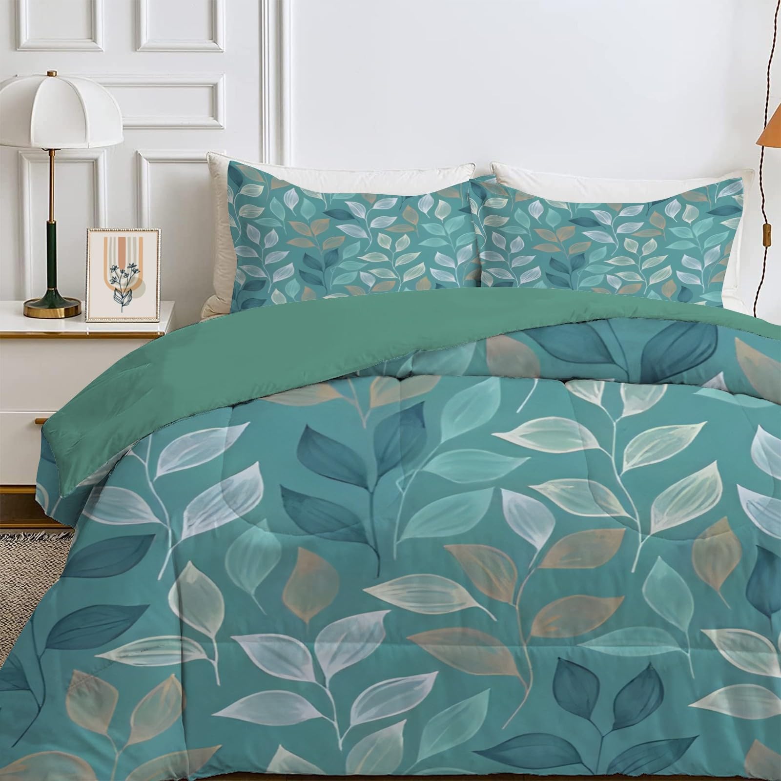 Qiwagu Green Queen Size Duvet, Quilt 7.5 Tog for Summer & Autumn, Reversible Coverless Duvet with Plant Leaf Pattern, Lightweight Soft Comforter with 2 Pillowcases, 228x228cm, Machine Washable