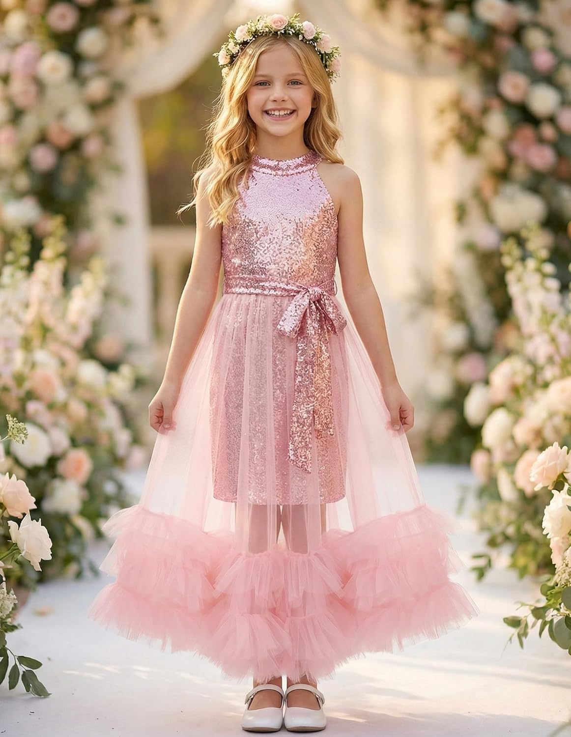GRACE KARIN Girls Sequin Dress Sparkly Formal Party Pageant Halter Tulle Maxi Teen Prom Dresses for 7-14 Years