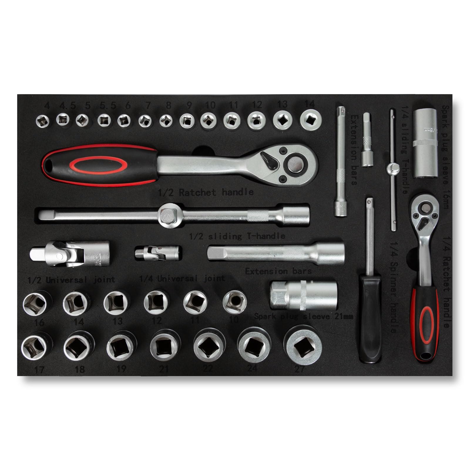 EBERTH Set d'outils multitâches 81 pièces Pour servante d'atelier, inserts d'outils étiquetés en mousse, Pour 4 tiroirs, Equipement automobile et d'atelier professionnel, Rouge