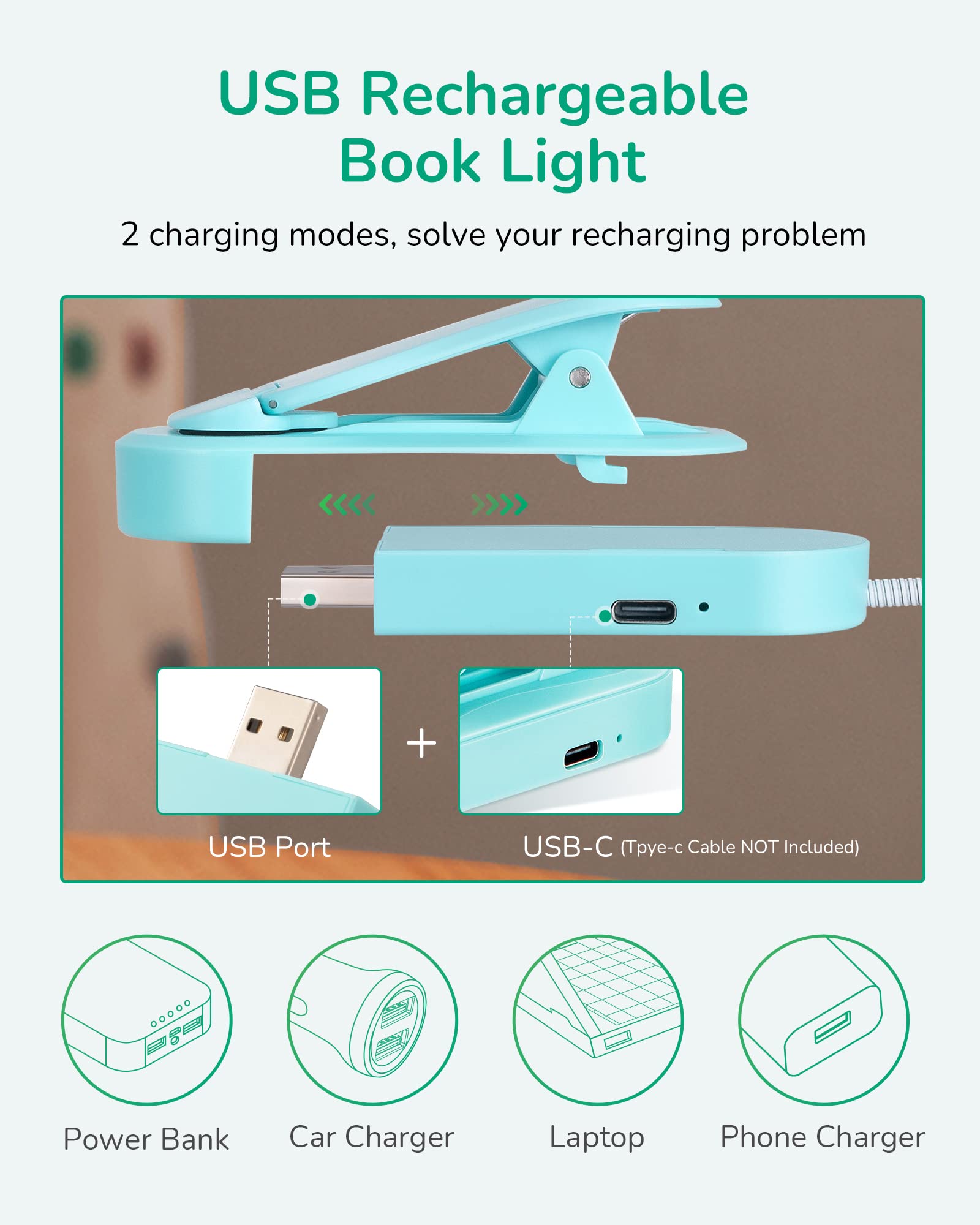 EDISHINE Reading Light for Book in Bed, Portable Clip-on Lamp, USB Rechargeable, 3 Color Modes & Stepless Dimmable, 2 Charging Modes, Eye Care LED for Book Lovers, Kids (Blue)