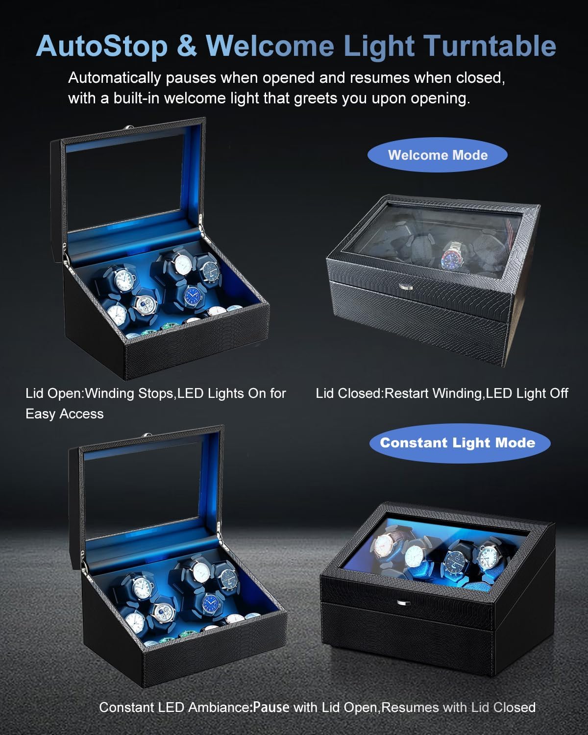 J&T Technology Watch Winder for Automatic Watches,Automatic Watch Winder with LED Light,6 Watch Winder + 6 Storage Case with Quiet Motor for Man/Woman's Watches(PU Snake Skin)