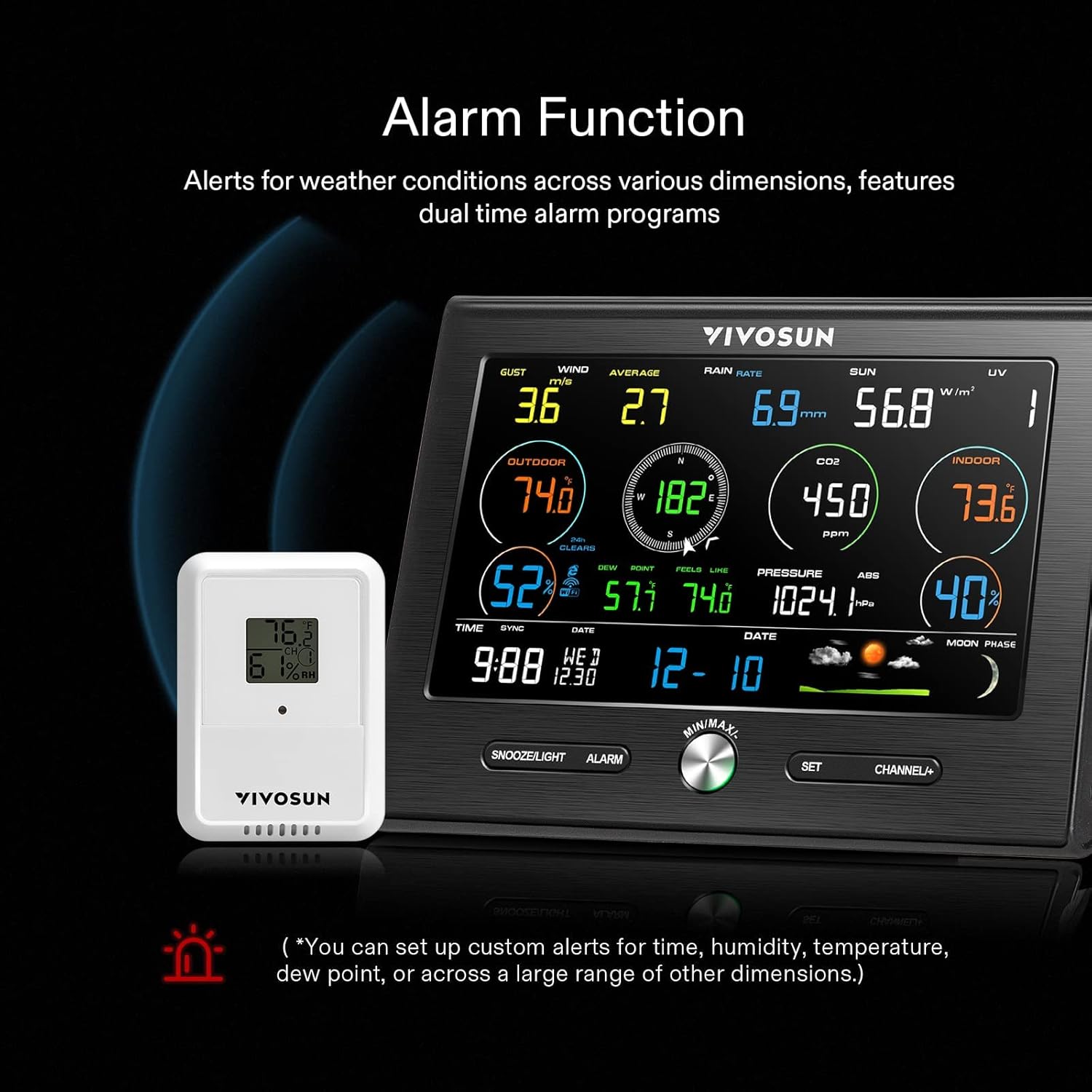 VIVOSUN Weather Station display console with alarm icon