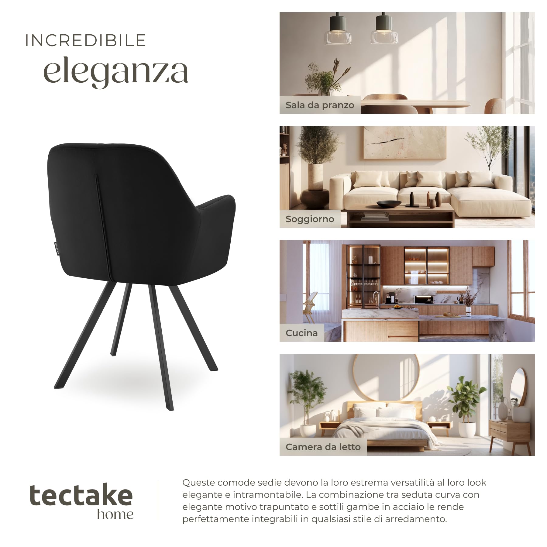 tectake® Set da 4 Poltrona Girevole in Velluto, Sedia Sala da Pranzo con Braccioli, Seduta e Schienale Ergonomici, Rotazione a 180°, Sedia Moderne con Gambe in Acciaio - Nero