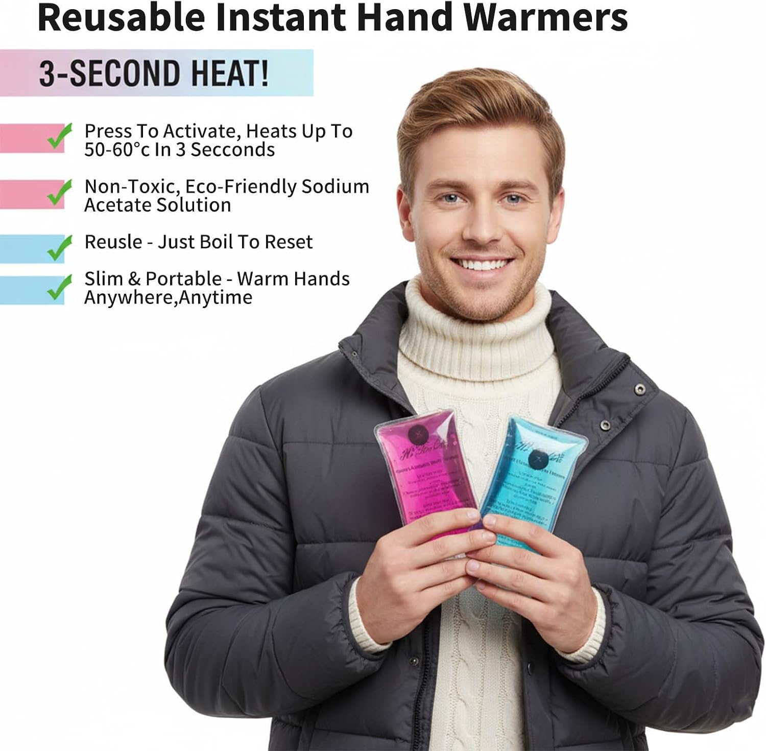 Click-Activated Hand Warmers 4-Pack, Reusable Pocket Heat Packs for Winter, Portable Warmers for Commute, Office, Outdoor Hiking & Sports, Safe for Adults & Kids