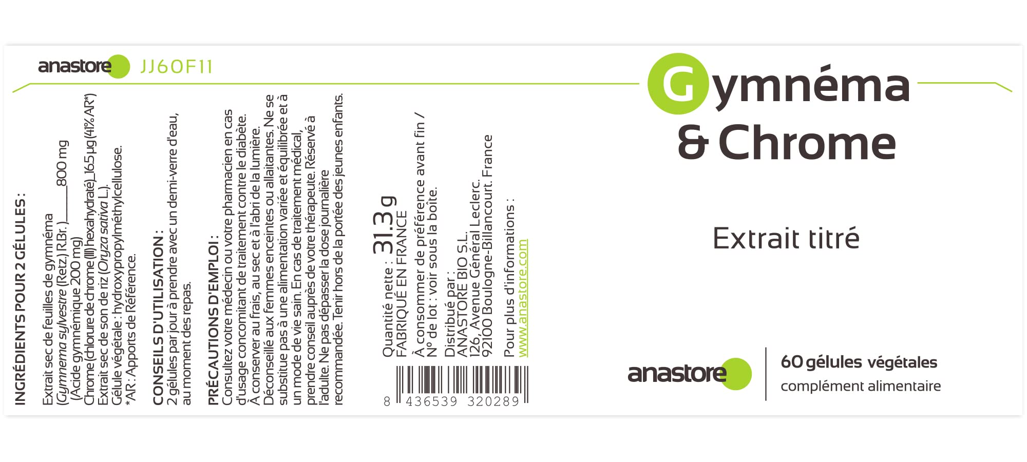 Gymnema & Chrome * 400 mg / 60 gélules * Titré à 100 mg en acide gymnémique *