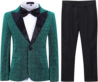 SWOTGdoby Boys Suit 3 Piece Slim Fit Shiny Tuxedo Pants Set with Bowtie | Fashion Sequin Blazer Coat Elastic Waist Trousers Kids Party Festival Formal Wear