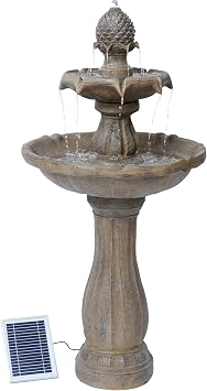 XBrand 44" H Fiberglass/Resin 2-Tier Outdoor Water Fountain with Solar Panel & Auto-Shut Off Pump, Tall Garden Birdbath Fountain