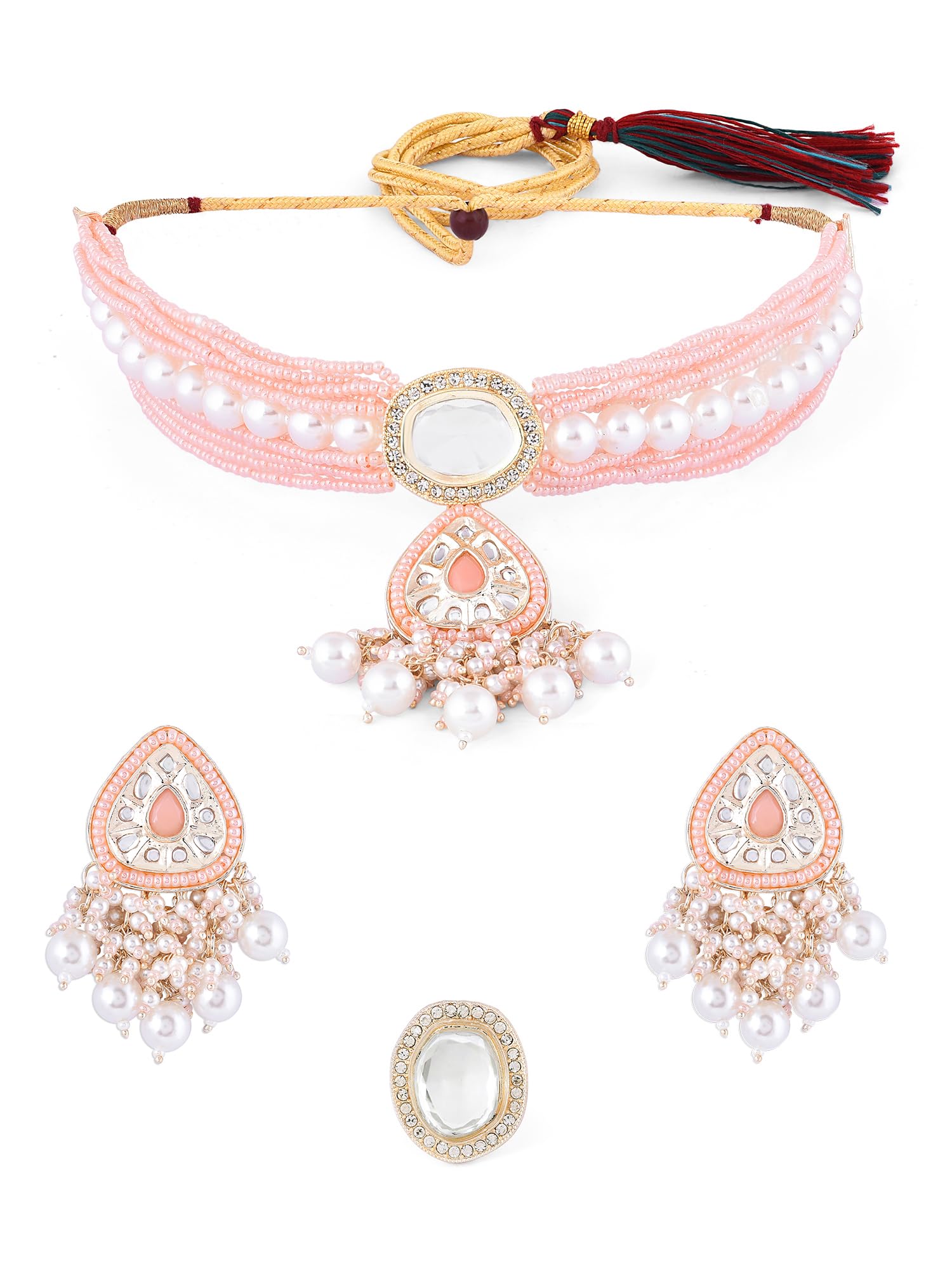 ZAVERI PEARLS Peach Multistrand Beaded Kundan Cluster Choker Necklace Earring & Ring Set For Women-ZPFK16505 (B0CGHNW272) Amazon Price History, Amazon Price Tracker