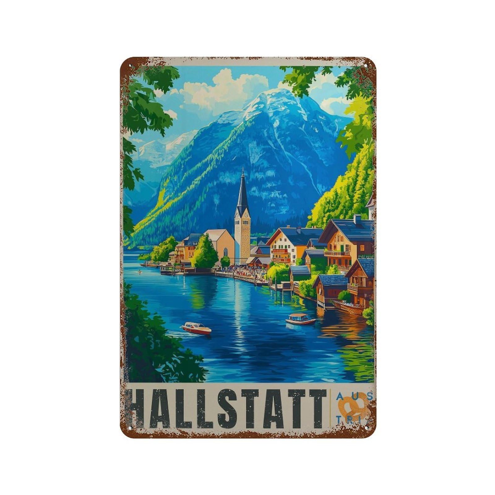 xiaoxiaoshen Hallstatt Austria Travel Mountain Lake Wall Decor Art Metal Tin Poster Modern Home Decor Art Home Bar Shop Decorations Vintage Sign 30x20cm
