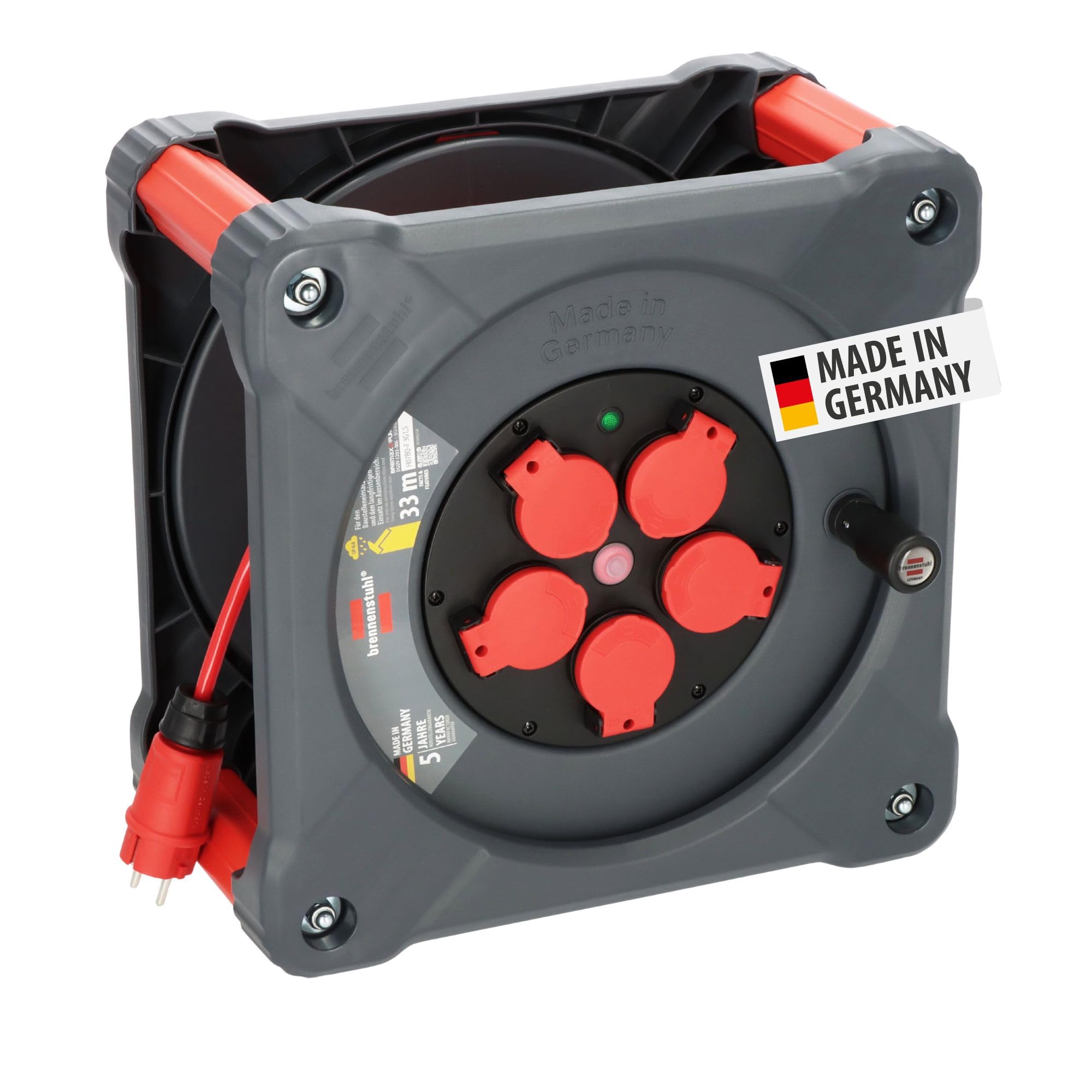 Brennenstuhl Avvolgicavo professionale per cantiere, KA 3110 5 IP44 (33 m H07BQ-F 3G1,5 cavo rosso, uso in cantiere e uso esterno permanente, 5 prese di sicurezza, Made in Germany)