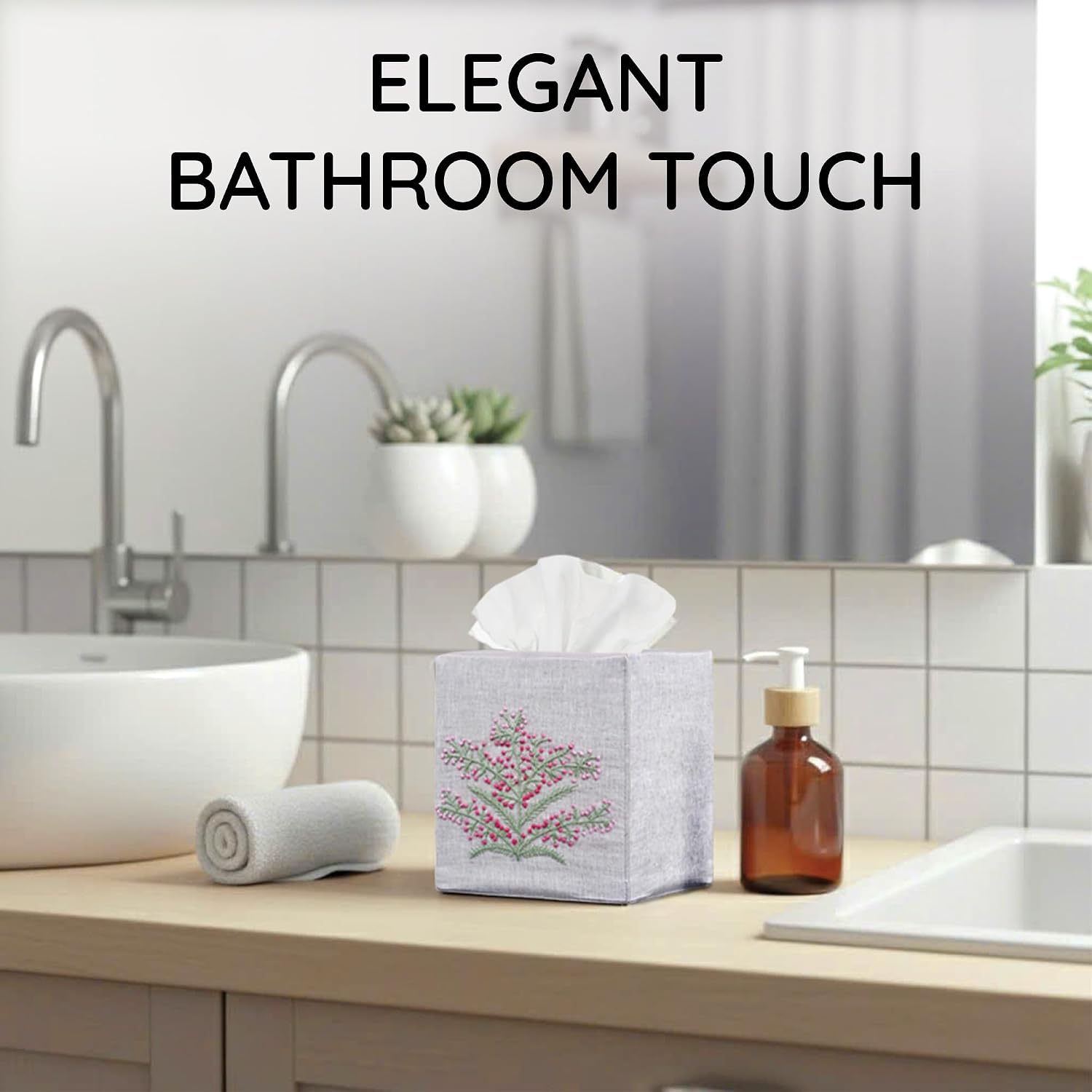 Cloth Tissue Box Cover Cute Set of 2, Square Linen Tissue Holder with French Knot Hand Embroidered Flowers Pattern, Home, Office, Kitchen Decor, 4.5x4.5x5.5 Inches (Grey)