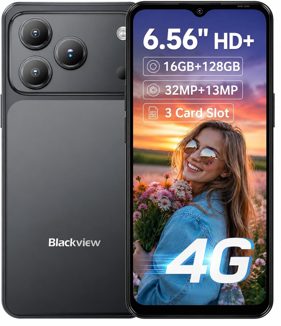 Blackview Wave 7C 4G Smartphone Offerte, Display 6,56'' HD+, 16GB+128GB (Esterna 2TB), Creatore AI Foto & Video, 32MP+13MP, Video 1080P, 3 Slot per Schede, Android 16 Dual SIM Cellulare, GPS Nero