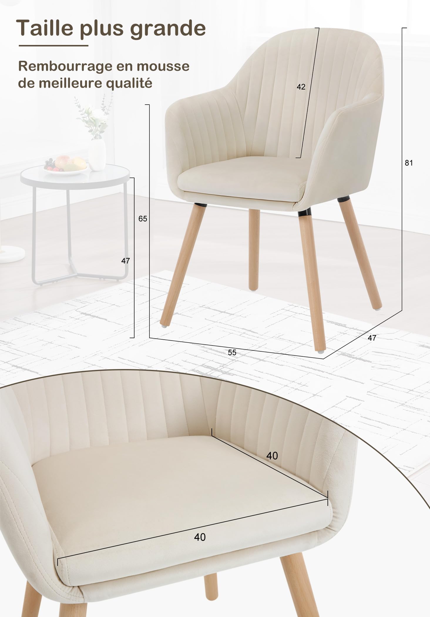 WOLTU Chaise de Salle à Manger en Velours, Pieds en Bois Massif, Charge Max. 150 kg, Crème Blanc