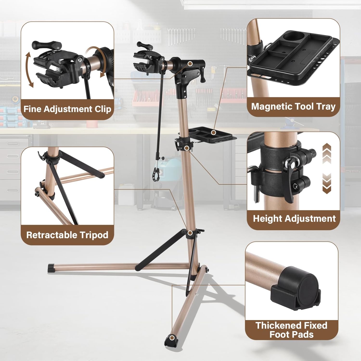 Aluminum Alloy Bike Repair Stand, Bike Maintenance Stand Rack, Height Adjustable Foldable Bicycle Repair Stands With Tool Tray, Bikes Workstands For Mountain Road Bikes