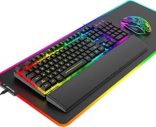 RGB Wired Keyboard Mouse Combo Mechanical Feel USB Gaming Keyboard 12 Chroma RGB Backlit+2400DPI RGB Gaming Mouse+Extra Large RGB Mouse Pad(31.5×11.8×0.2in)+Ergonomic Memory Foam Wrist Rest(Black）