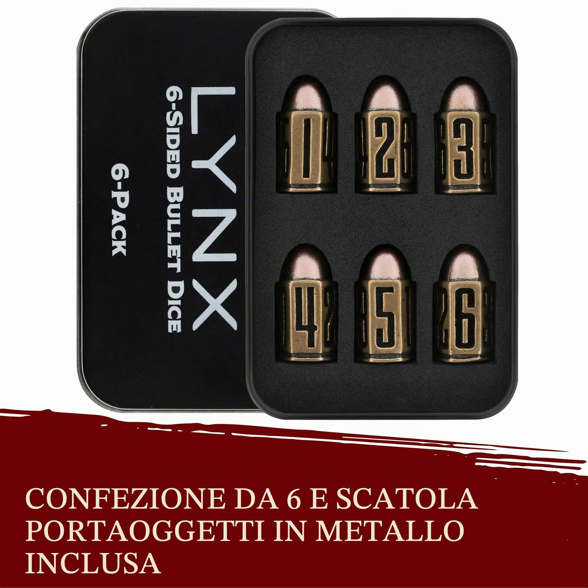 Set Dadi Proiettile in Metallo/Bullet Metal Dice - 6 Dadi in Ottone D6, Ottimi Compatibile con DND, Wargames, GDR Homebrew, D&D, RPG/Dungeons & Dragons - Regalo e Accessori DND. Ok per torre dei dadi