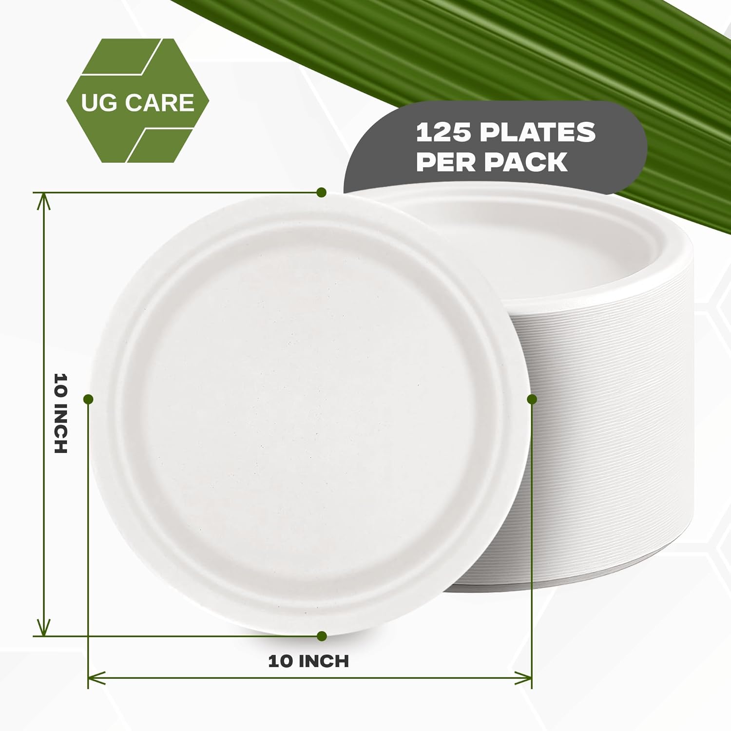 10-Inch Compostable Plates, 125 Count - Heavy Duty 100% Biodegradable Sugarcane Bagasse Disposable Plates, Eco Friendly Paper Plates for Parties, Picnics & Everyday Use, Microwave Safe, Non Toxic
