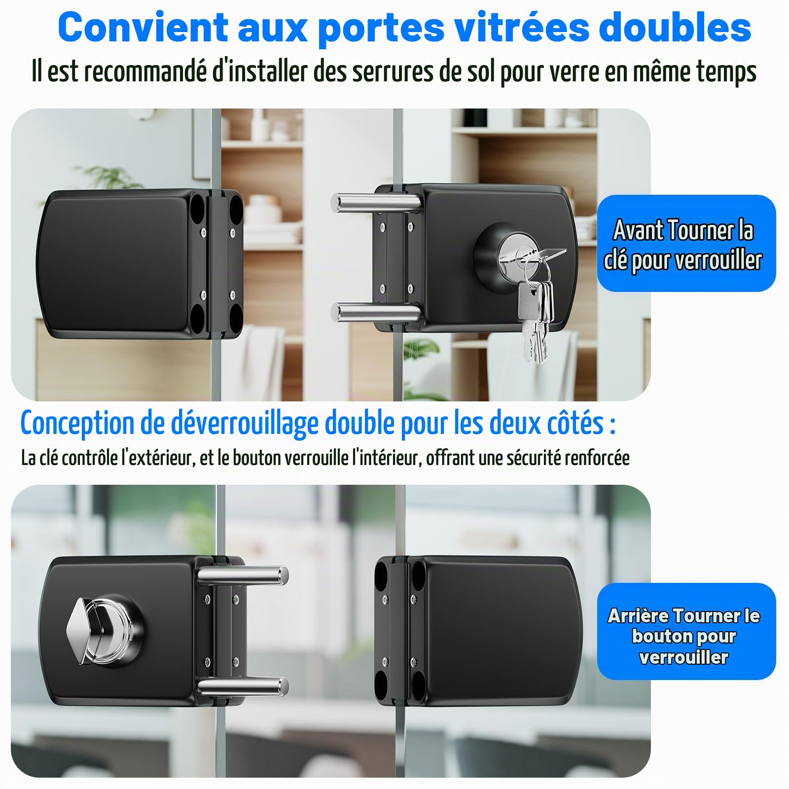 Serrure pour Porte en Verre Sans Perçage en Acier Inoxydable 304, Finition Noir Mat, Double Verrouillage Clé et Bouton, Sécurité Renforcée pour Verre Trempé 10–12 mm, Maison Bureau Salle de Bain