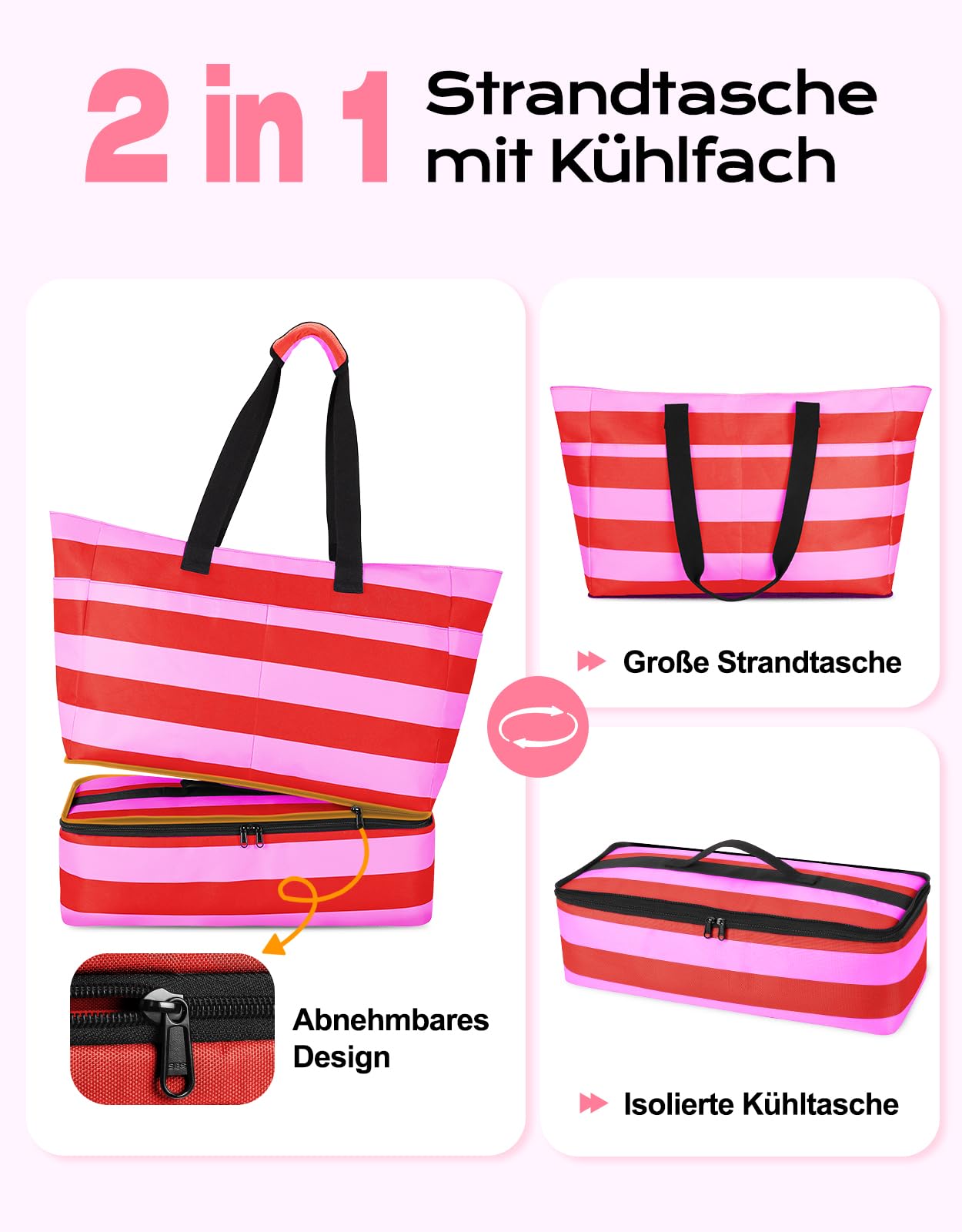 CIRYCASE Strandtasche XXL Familie mit Kühlfach, 54L Große Badetasche Strandtasche mit Reißverschluss & Nassfach, Faltbare Wasserdicht Beach Bag Mädchen Handtasche Shopper Damen für Reisen/Fitness/Pool
