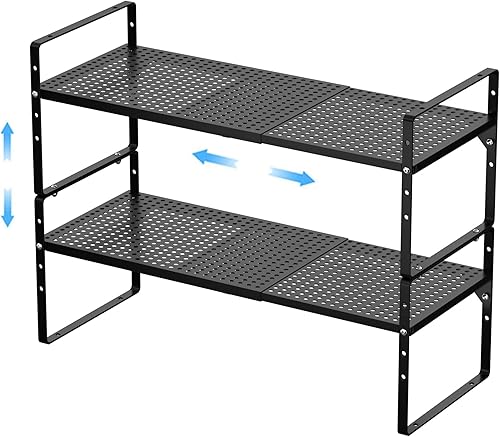 GEDLIRE Paquete de 2 organizadores de estantes de gabinete de cocina expandibles, estantes de almacenamiento de despensa de metal apilables, estante