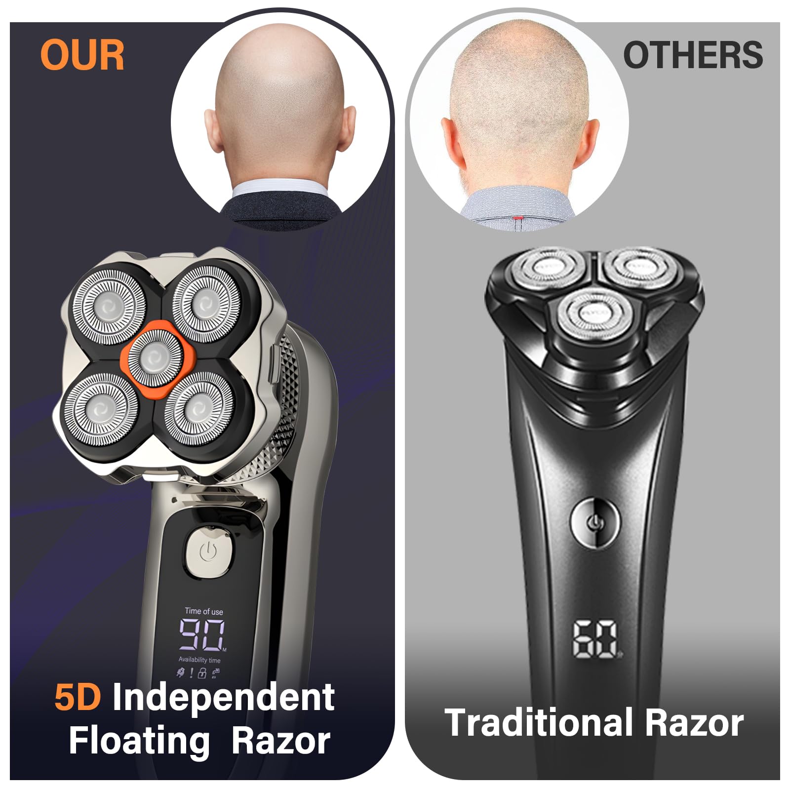 Journeyside Rasoio Testa Calva Uomo 6 in 1, 5D Rasoio Testa Calva Uomo, Uso Asciutto e Bagnato,Rasoio Elettrico Barba Senza Fili, Impermeabile IPX6, Display LED, Adatto per Capelli, Barba,Naso