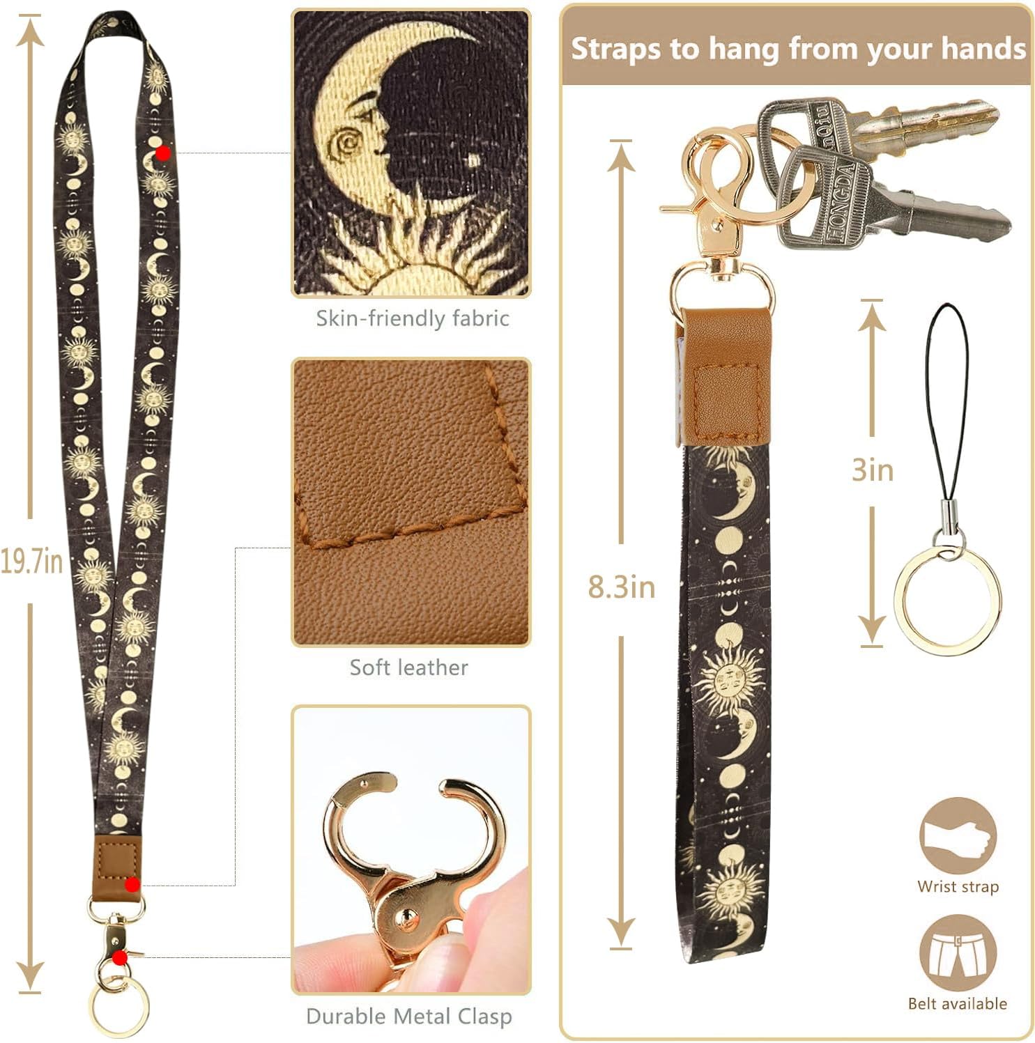 bolimoss Sun and Moon Lanyard Wallet, Boho Lanyard with Wallet,ID Badge Holder with Neck & Wristlet Lanyard, Pu Leather Zip Id Case Wallet with Breakaway Lanyard, Keychain Wallet for Women - Image 5