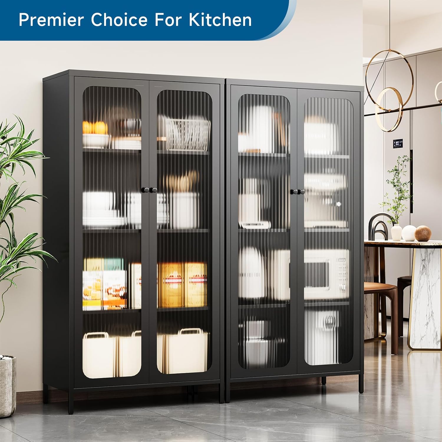 63'' Kitchen Pantry Storage Cabinet, Display Cabinet with Glass Doors and 3 Adjustable Shelves, Metal Kitchen Hutch Storage Cabinet for Dining Room, Living Room (Black)