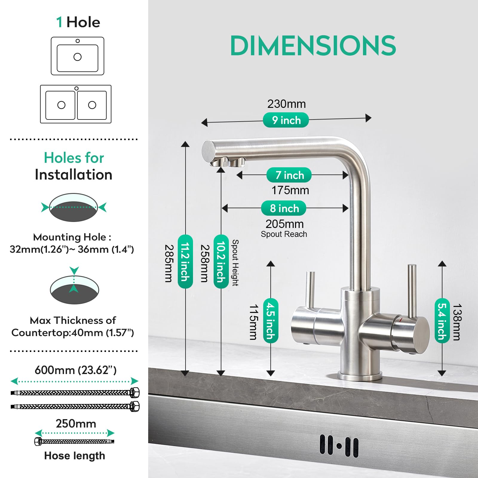 CREA Niederdruck Armatur Küche, 3 Wege Wasserhahn Küche, 360° Drehbar Küchenarmatur, 3 in 1 Mischbatterie für Wasserfilter, Trinkwasserhahn mit 2 Hebel, Drei Wege aus Edelstahl,Gebürstete Oberfläche