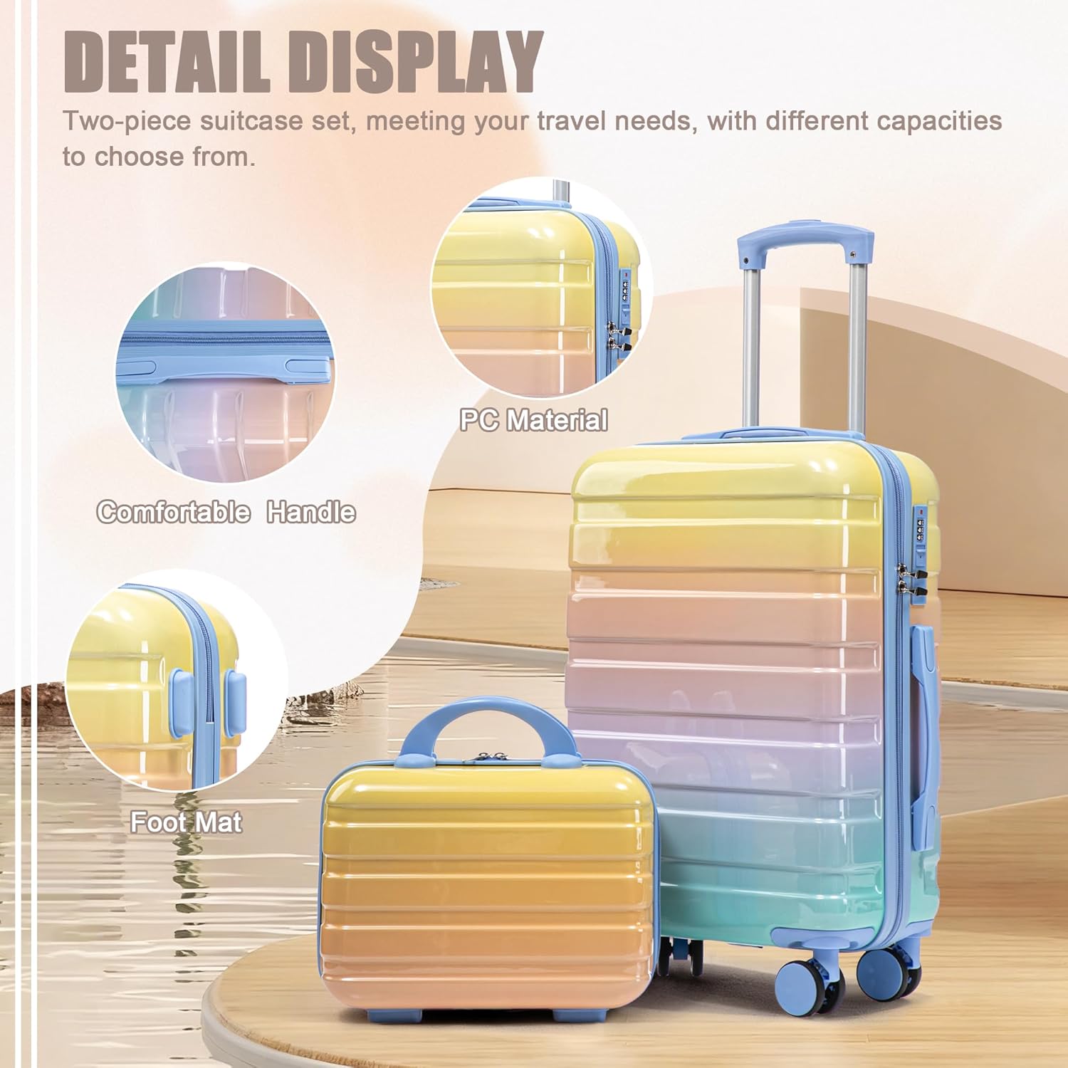 20 Inch Blue+Yellow Carry on Luggage Set of 2 with Spinner Wheels and 14" Cosmetic Case, Hardshell Small Suitcases with Combination Lock, Checked Luggage for Travel Men and Women