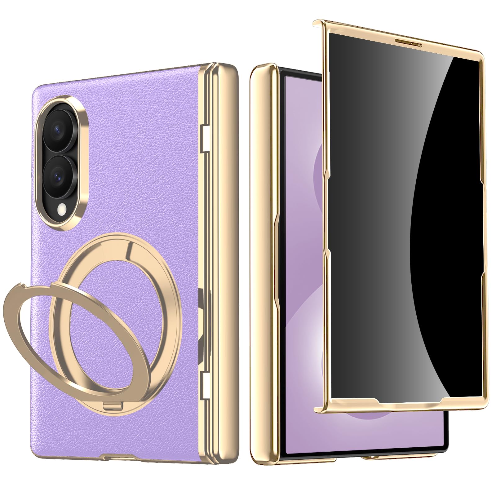 Custodia in pelle per Samsung Galaxy Z Fold 8 (Wide) con supporto ad anello magnetico, [compatibile] Bulit in protezione dello schermo della privacy copertura completa cerniera custodia in