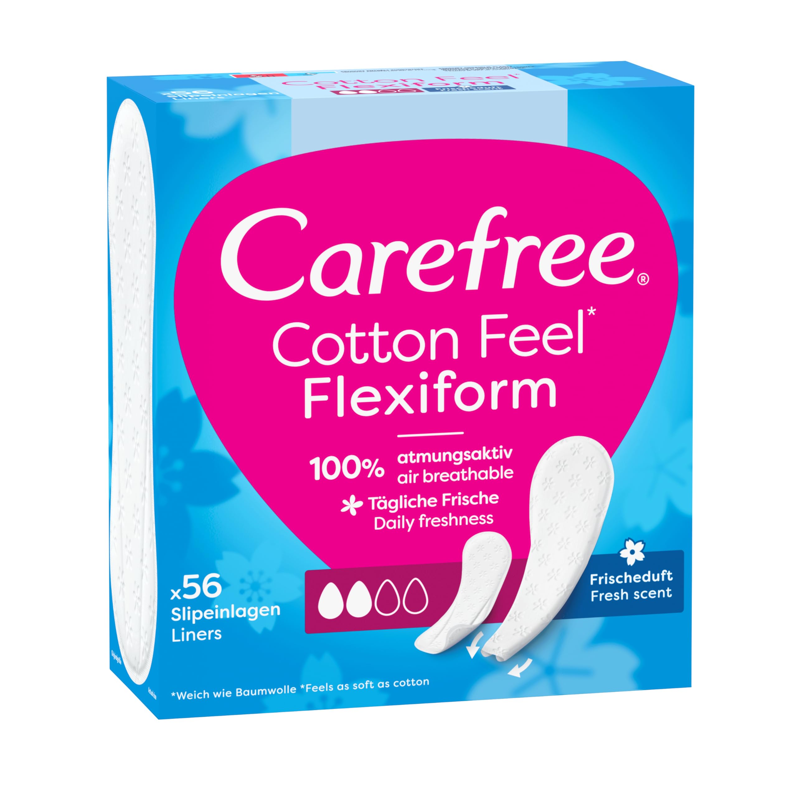 Carefree Cotton Flexi Form Fresh Zestaw 5x56 szt. Uniwersalne wkładki higieniczne do każdego rodzaju bielizny. Z ekstraktem z bawełny. Zapewniają długotrwałe uczucie suchości. O świeżym zapachu.