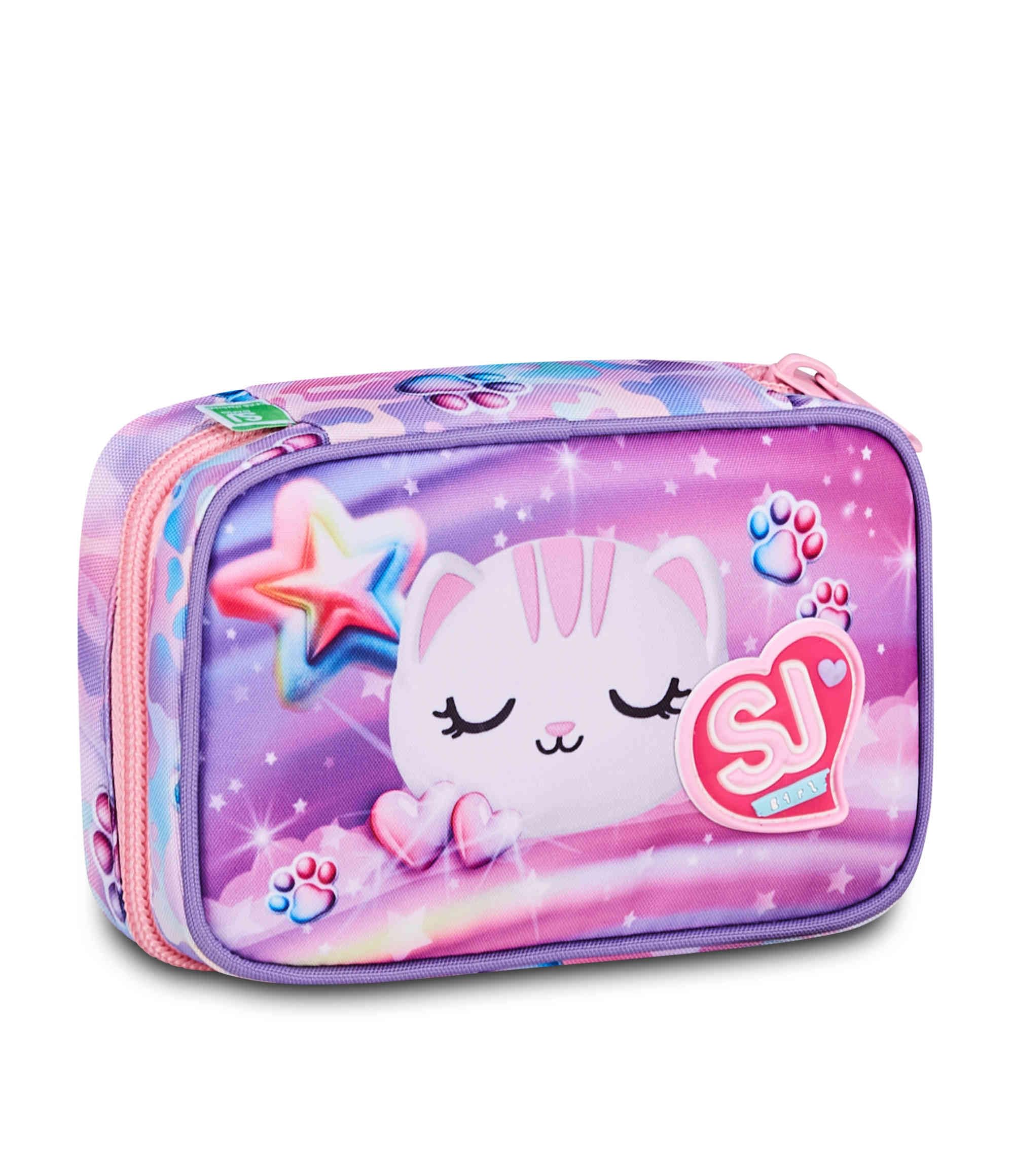 SJ GANG STYLE JAM GANG Astuccio Scuola Speed Pad Plus GLOWCAT, Viola, Portapenne Monoscomparto Attrezzato, 45 pezzi, Planche amovibili, Tasca interna, Accessori Zaino, Scuola elementare, Bambina