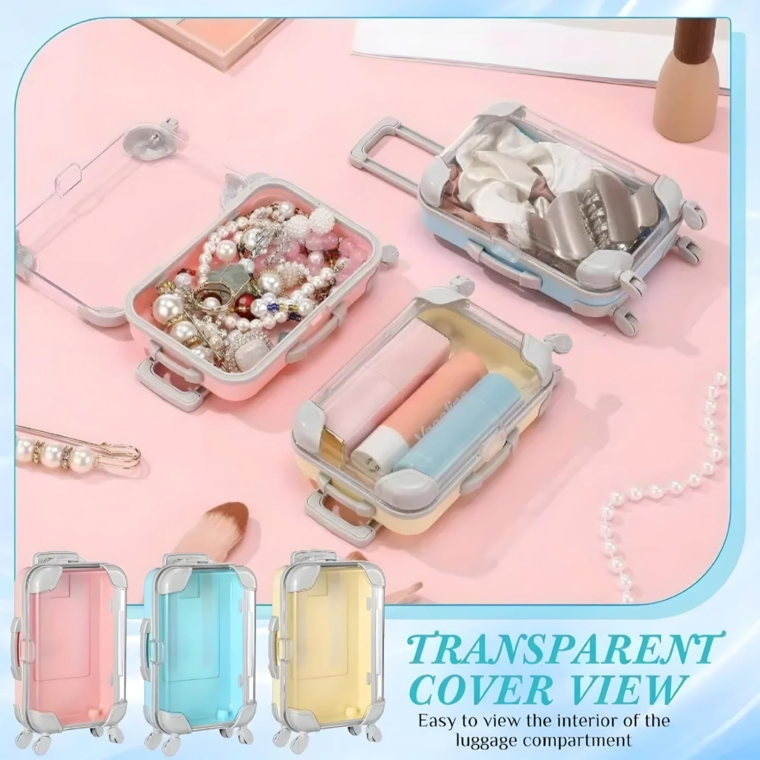 BuntyChiku Cute Mini Trolley Suitcase for Eyelashes Storage Box Makeup Jewelry Small Accessories Mini Cosmetic Organizer for False Lashes Earrings Case Travel Essentials - 1 PCS (Pink) 4