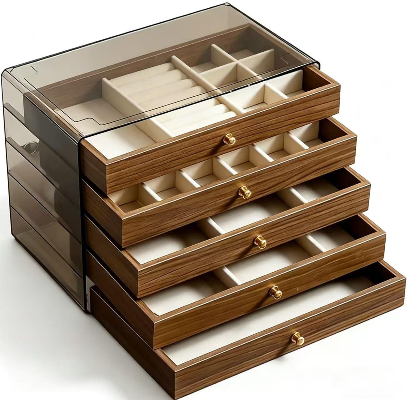 Drewniane pudełko na biżuterię dla kobiet Vintage drewniany organizer męski do przechowywania kolczyków, pierścionków, naszyjników, bransoletek i zegarków (5 warstw A)